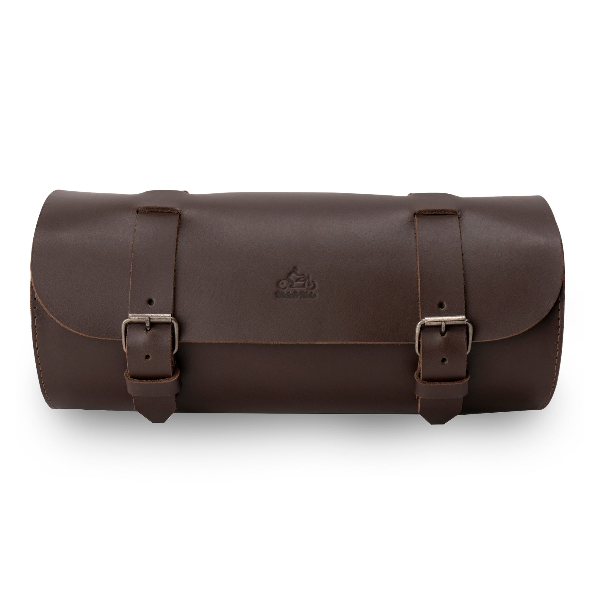 Cylinder Tool Roll for Motorcycle by Hide & Ride, featuring a stylish design in full grain leather. Perfect as a Circular Motorcycle Tool Bag, this universal saddlebag for motorcycle is hand cut and sewn, showcasing artisan craftsmanship made in La Antigua Guatemala. Durable and practical, it serves as an ideal fork bag for bikers.