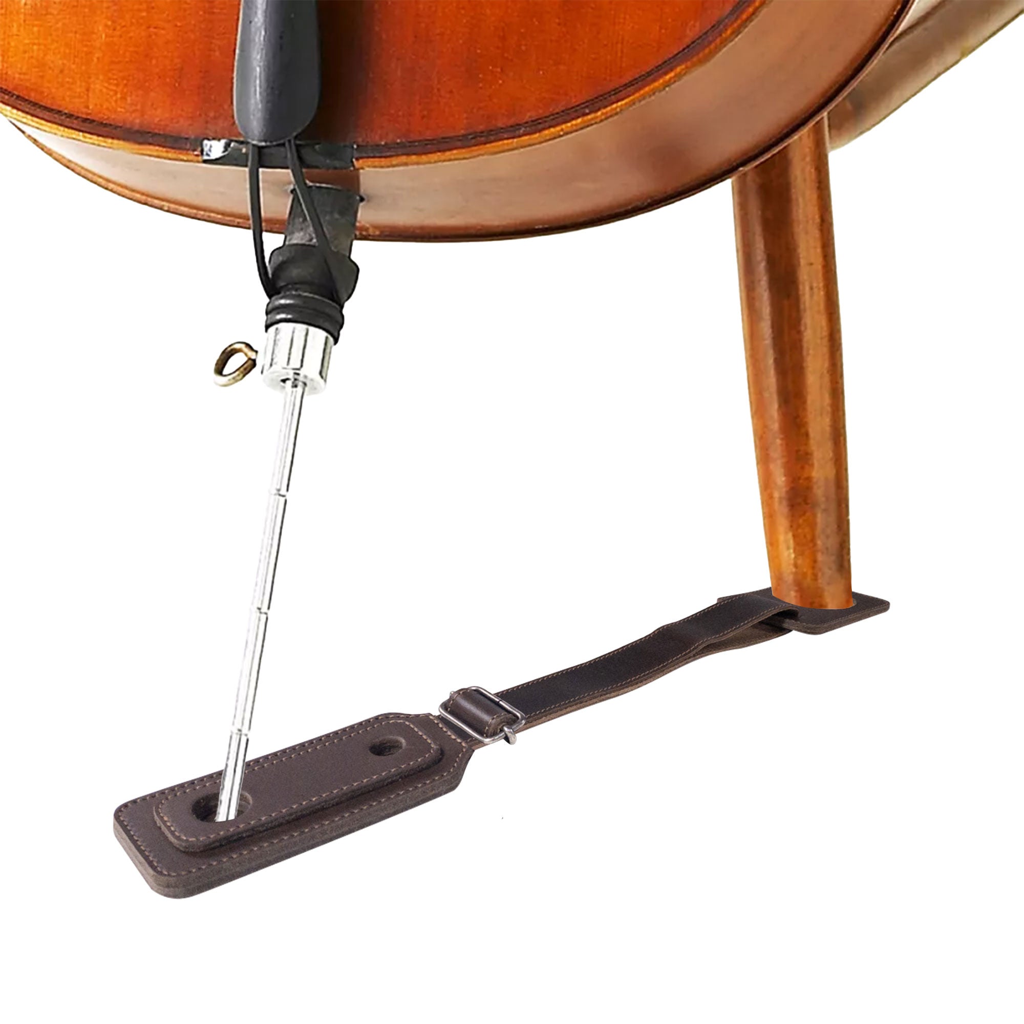 Close-up of the Cello Endpin Adjustable Strap Stopper by tocame, showcasing its design as a classic non-slip stopper, perfect for protecting floors. This musician accessory made from full grain leather features handmade details from La Antigua Guatemala & Oaxaca Mexico.