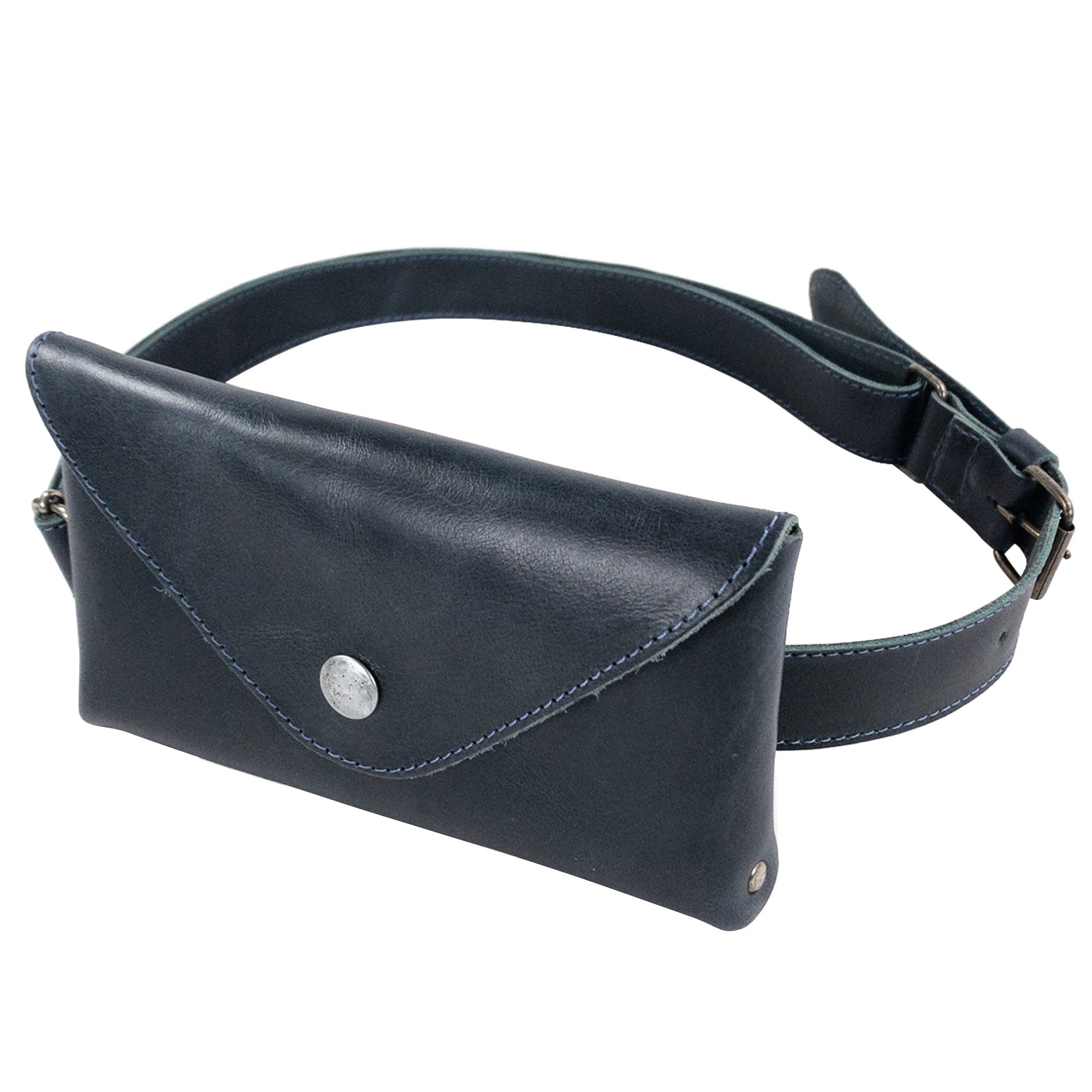Back view of Hide & Drink's black Fancy Fanny Pack, showcasing its robust structure. This full grain leather waist pouch offers an artistic touch as both a phone holder and vintage purse.
