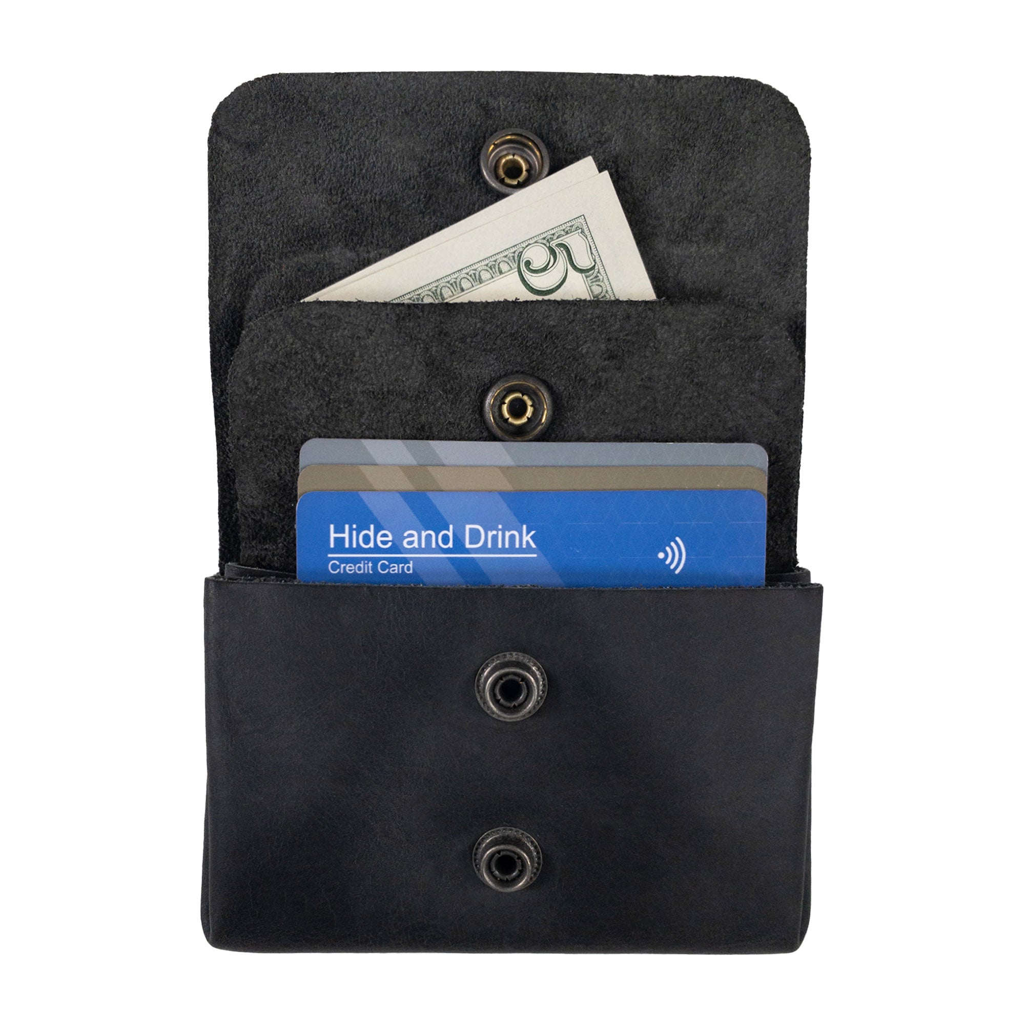 Open view of the black Leather Double Pouch Card Wallet by Hide & Drink with cash and cards inserted. This Leather Double Pouch Card Wallet is a fantastic choice for an easy-to-use card organizer, cash holder, or ID case, designed for both men and women. Handmade in La Antigua Guatemala & Oaxaca Mexico.