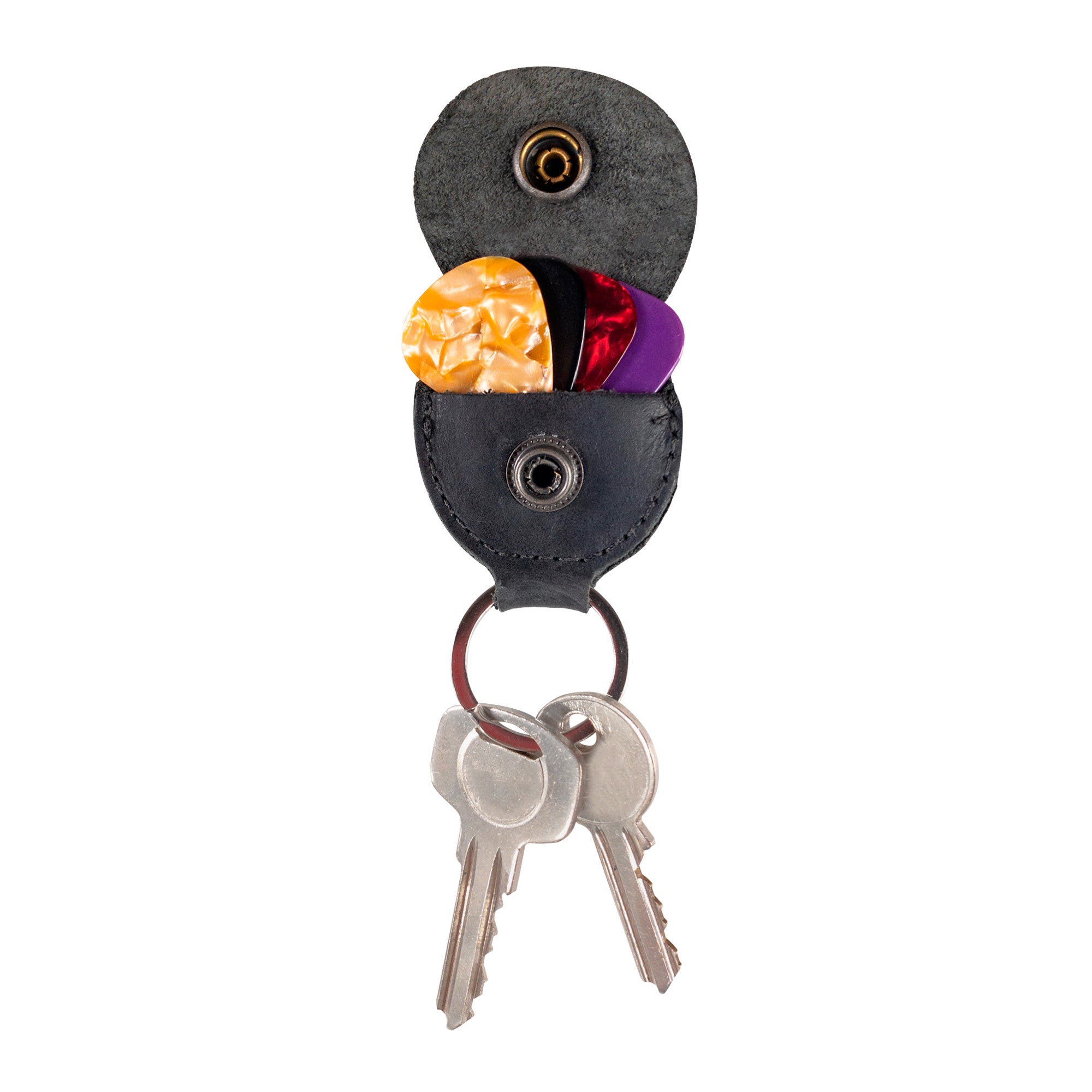 Hide & Drink Key Chain & Guitar Pick Holder, with a detailed view showcasing functional guitar pick storage. This artisan keychain made of Full Grain Leather is tailored for guitar players, emphasizing handmade qualities from La Antigua Guatemala & Oaxaca Mexico.