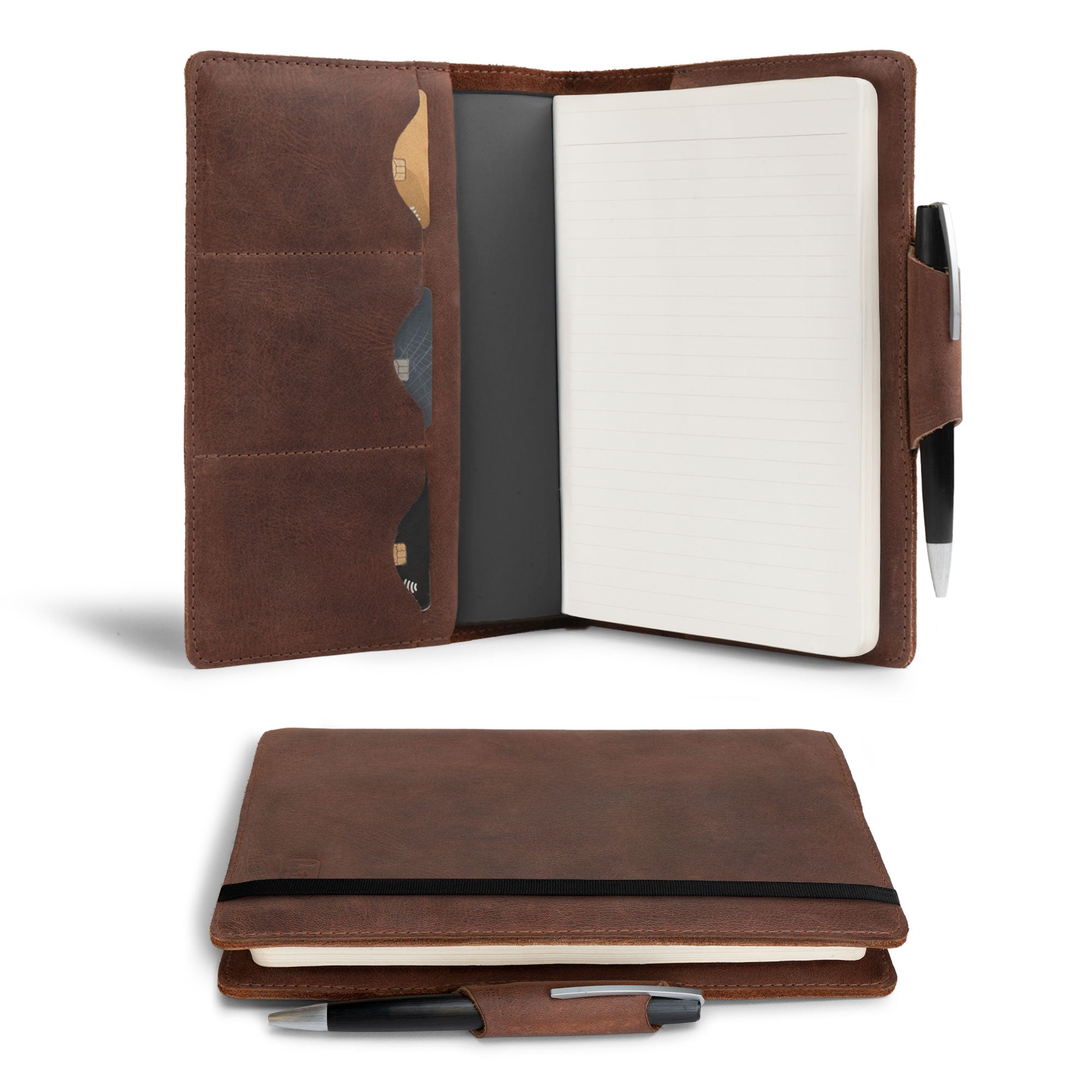 A5 Notebook Cover with Card Slots by Leather Worx, showcasing a stylish interior with card slots, perfect for storing essentials. This rustic cover for Leuchtturm A5 Notebook with Card Slots (Notebook Not Included) combines minimalist style with full grain leather craftsmanship. StockyardX, small batch production, hand cut, hand sewn, fire branded, and artisan-made in La Antigua Guatemala.
