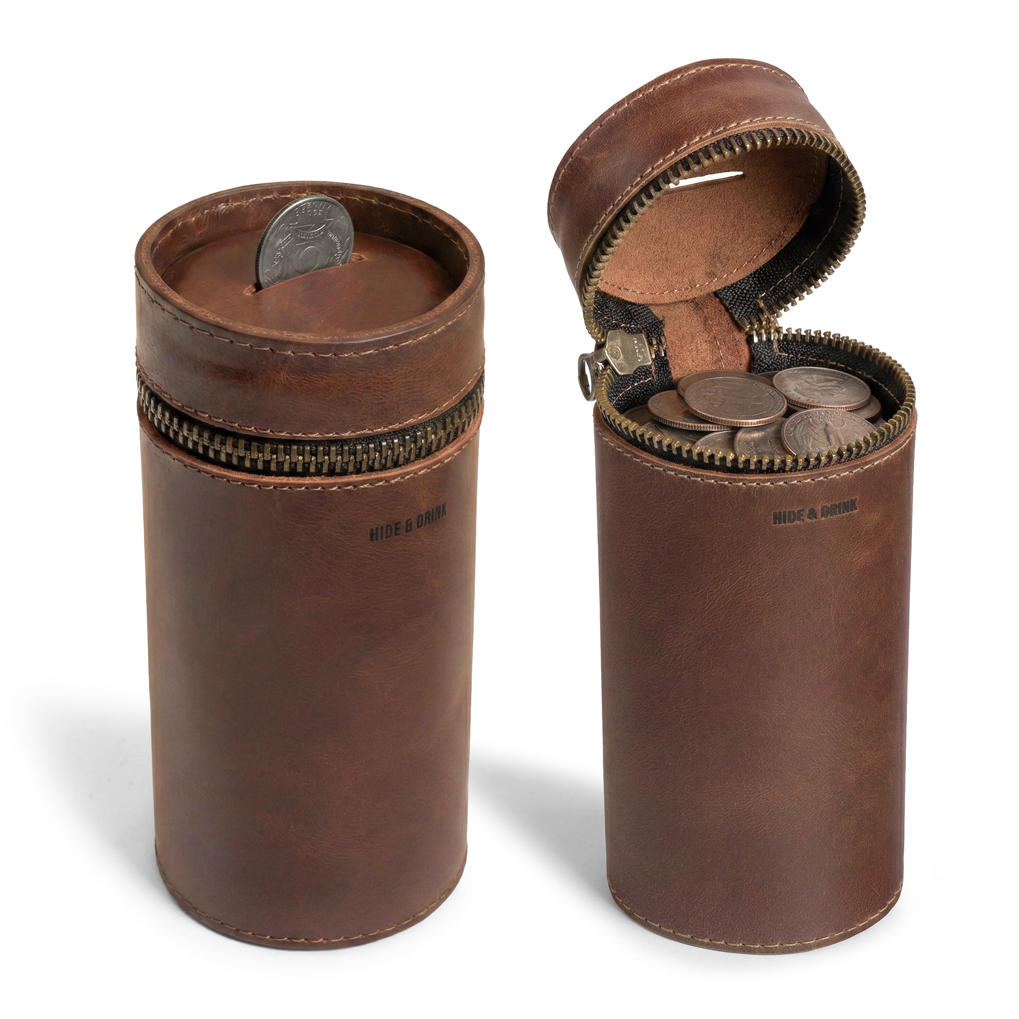 Stylish Bucket Coin Release by Hide & Drink, showcasing the sophisticated design of a Money Box and Piggy Bank Bucket made from Full Grain Leather. This zippered pouch serves as a Cash Organizer and Coin Case, highlighting its Handmade attributes and Small Batch Production from La Antigua Guatemala & Oaxaca Mexico.