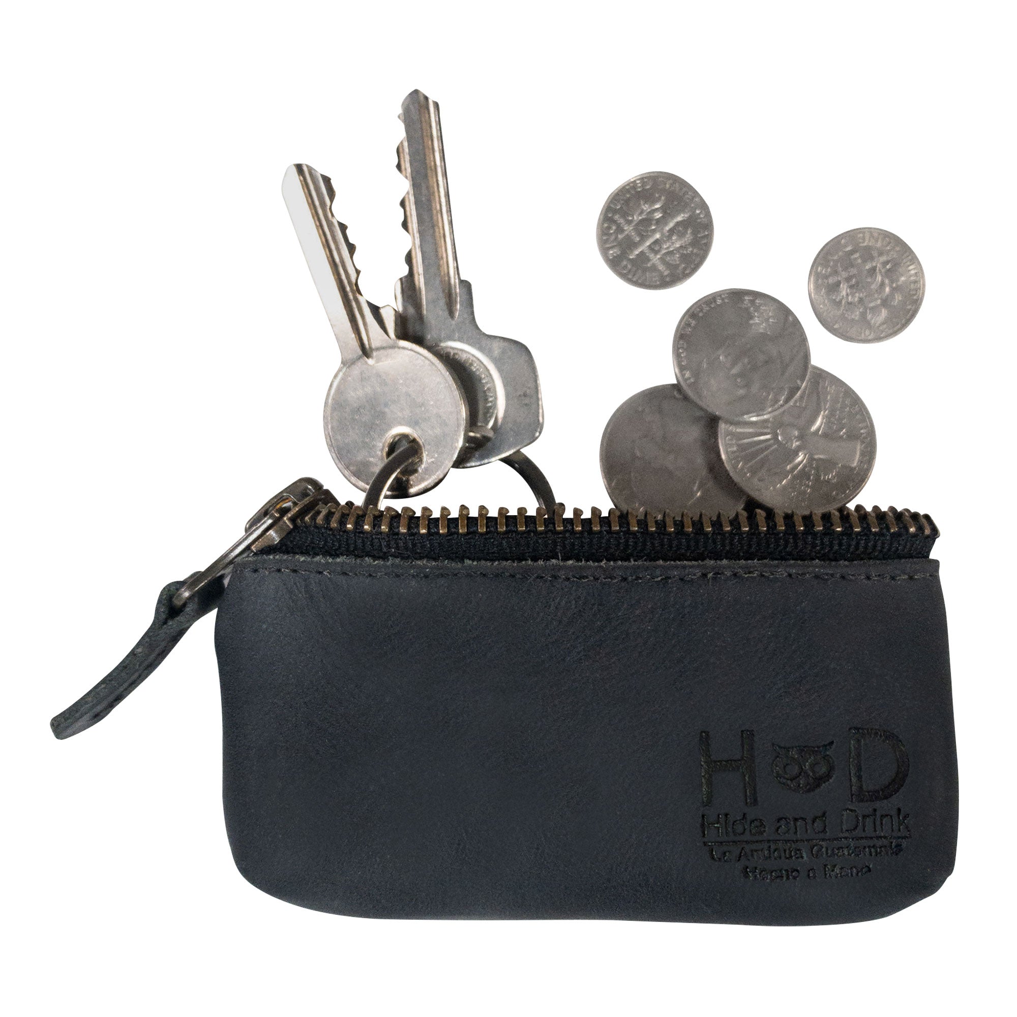 Hide & Drink Key Holder Zippered Pouch with keys and coins displayed, highlighting its practical design. Perfect as a money purse or as an earphone holder, crafted from full grain leather.