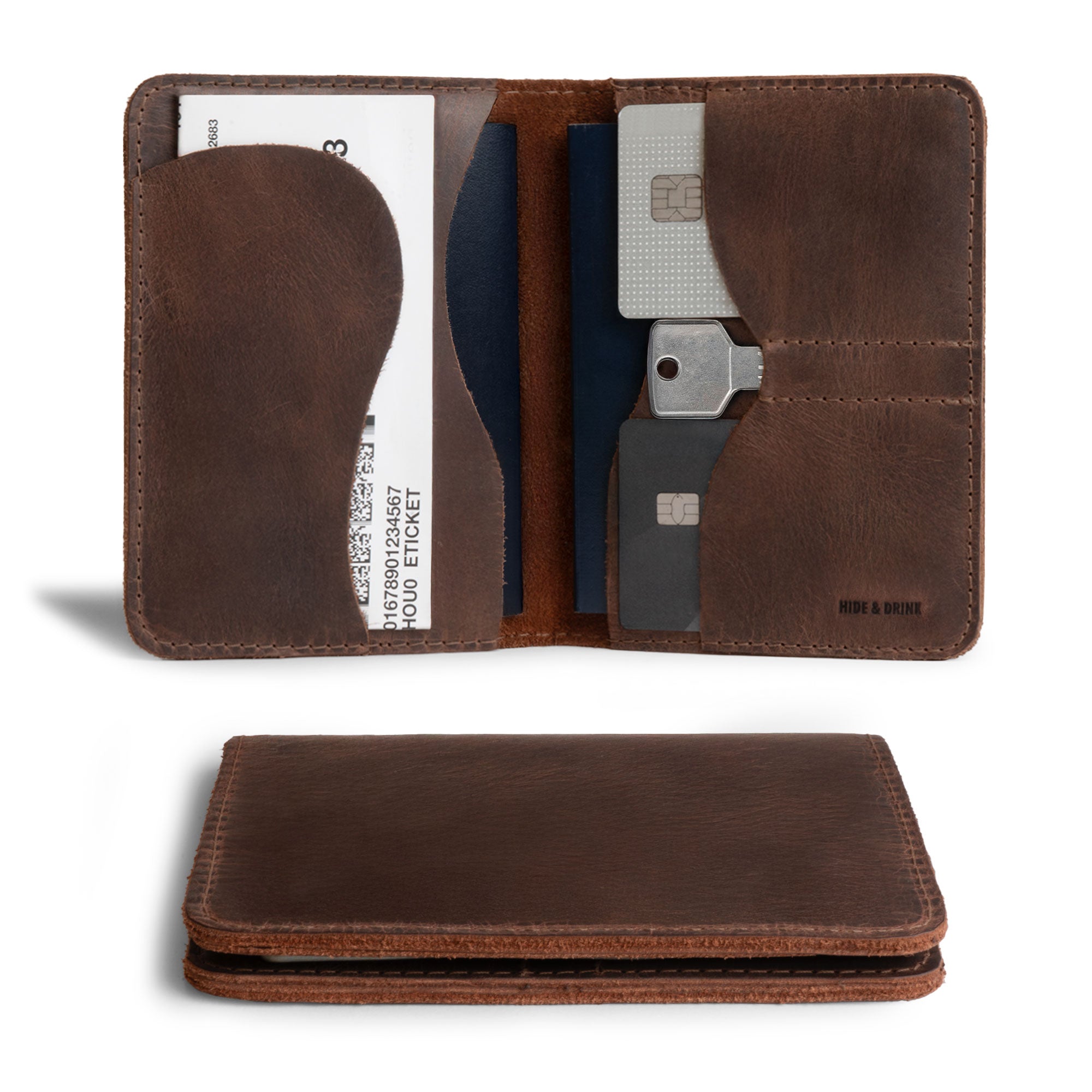 Hide & Drink's Double Passport Wallet W/Key Slot, a rustic full grain leather wallet with slots for bills and keys, ideal as an ID organizer. Handcrafted and fire branded by artisans in La Antigua Guatemala & Oaxaca Mexico.