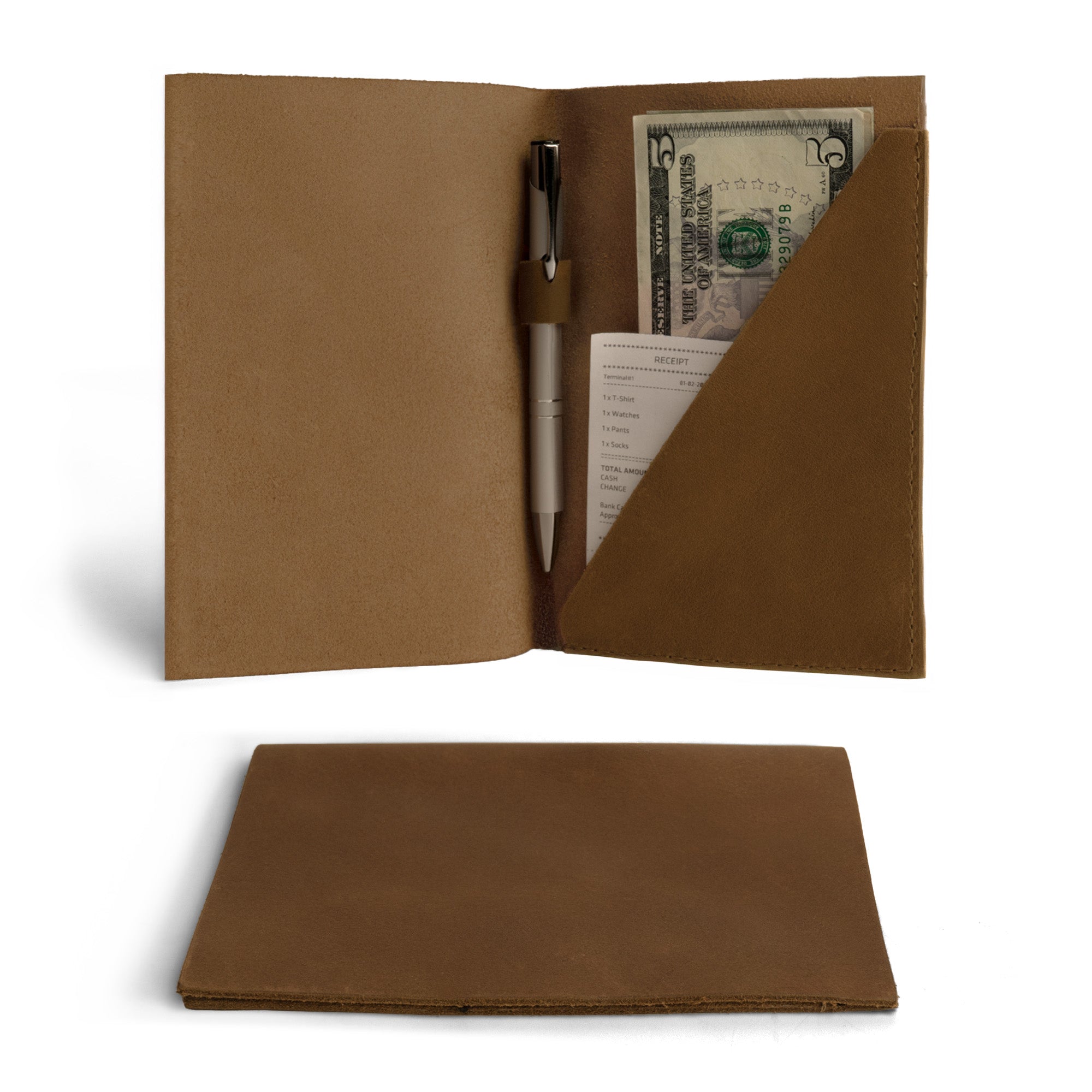 Bifold Check Presenter With Pen Slot in a honey-colored leather by Hide & Drink, designed for stylish check management in restaurants and cafes. The fine craftsmanship enhances its appeal. Bifold Check Presenter with Pen Slot for Restaurant & Cafe Accessories, Western Bill Holder, Full Grain Leather, Handmade Waiter and Waitress Accessory, Small Batch Production, Hand Cut, Hand Sewn, Fire Branded, Artisan, Handmade in La Antigua Guatemala & Oaxaca Mexico.