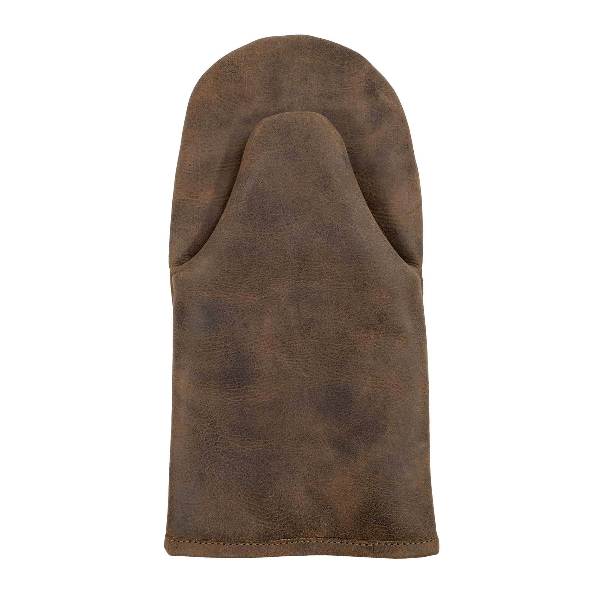 Close-up view of a Cast Leather Co. Oven Mitt Heat Resistant showing its sleek design. This Single Oven Mitt Glove Heat Resistant made from full grain leather serves as a reliable potholder for kitchen tasks. StockyardX products reflect small batch production methods, highlighting hand cut and hand sewn craftsmanship, true to artisan values from La Antigua Guatemala & Oaxaca, Mexico.
