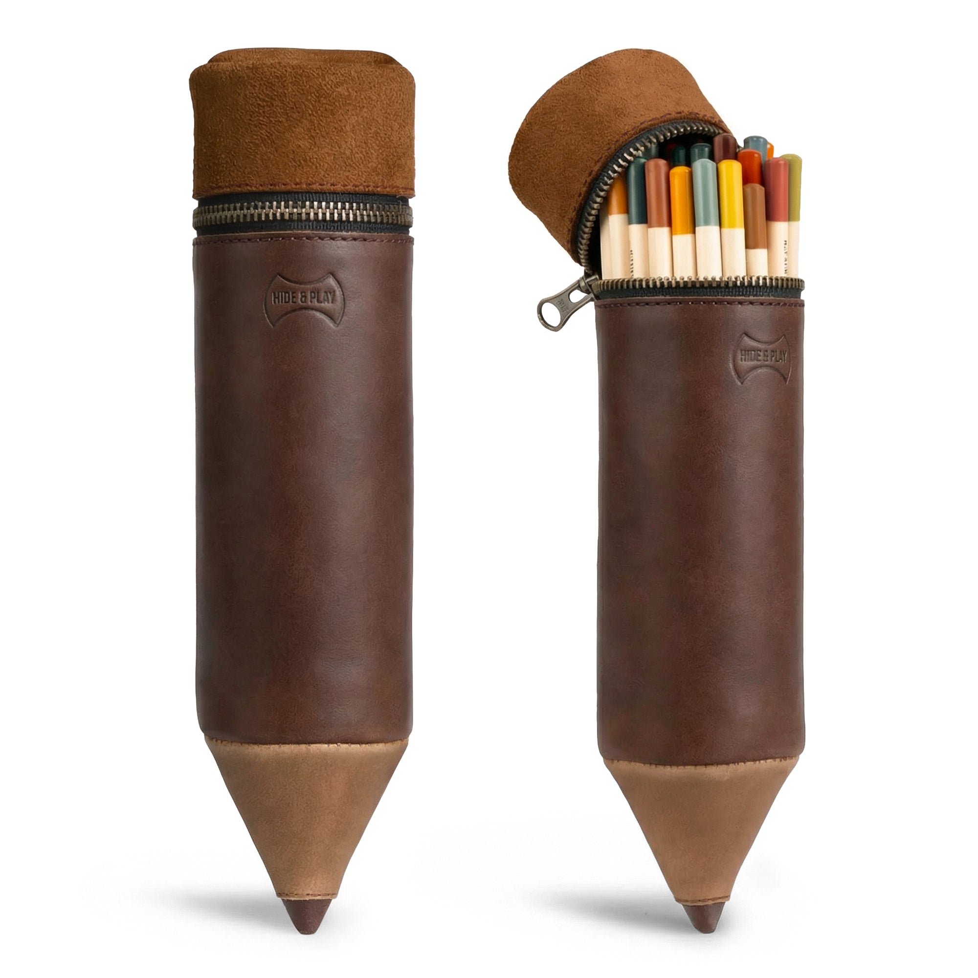 Stylish Pencil-Shaped Case by Hide & Play, perfect for organizing pens, pencils, markers, and office accessories. This zippered bag features full grain leather, showcasing artisan craftsmanship from La Antigua Guatemala. Ideal for pen storage and a unique desk accessory.