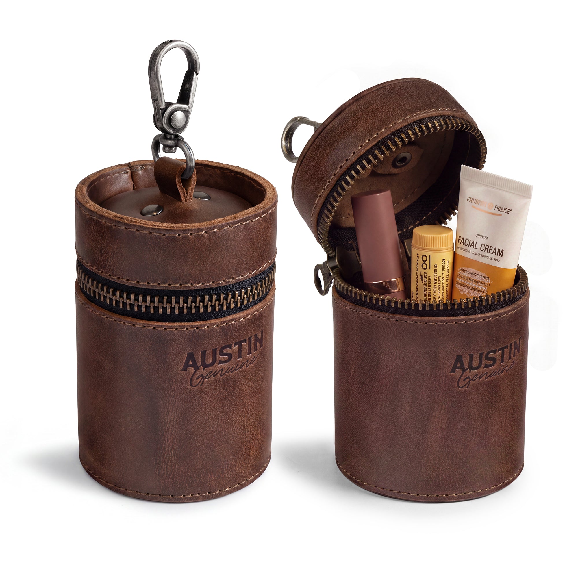 The Pease Mini Vanity Pouch by Austin Genuine, showcasing a stylish full grain leather design. This cylinder for coins doubles as a money box and piggy bank, emphasizing small batch production and artisan craftsmanship with hand cut and hand sewn details, handmade in La Antigua Guatemala & Oaxaca Mexico.