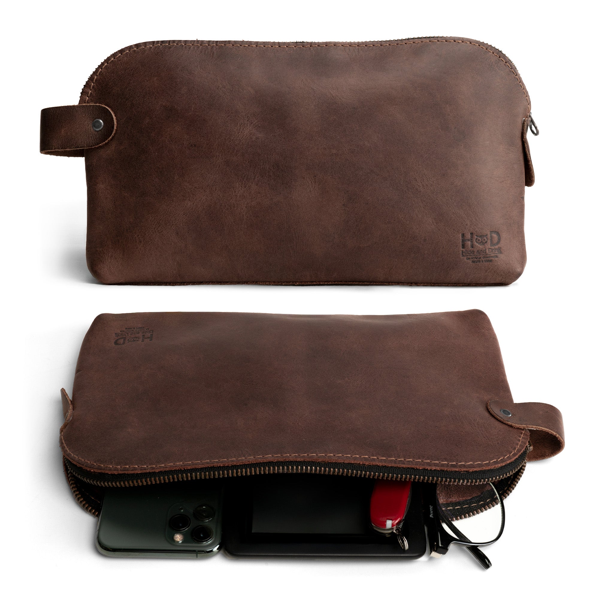 Stylish Dopp Kit Utility Bag by Hide & Drink showcasing durability and elegance. This large rustic all-purpose Dopp Kit Utility Bag works great for cords & chargers, crafted from full grain leather using artisan skills such as hand cutting and hand sewing, handmade in La Antigua Guatemala & Oaxaca Mexico.