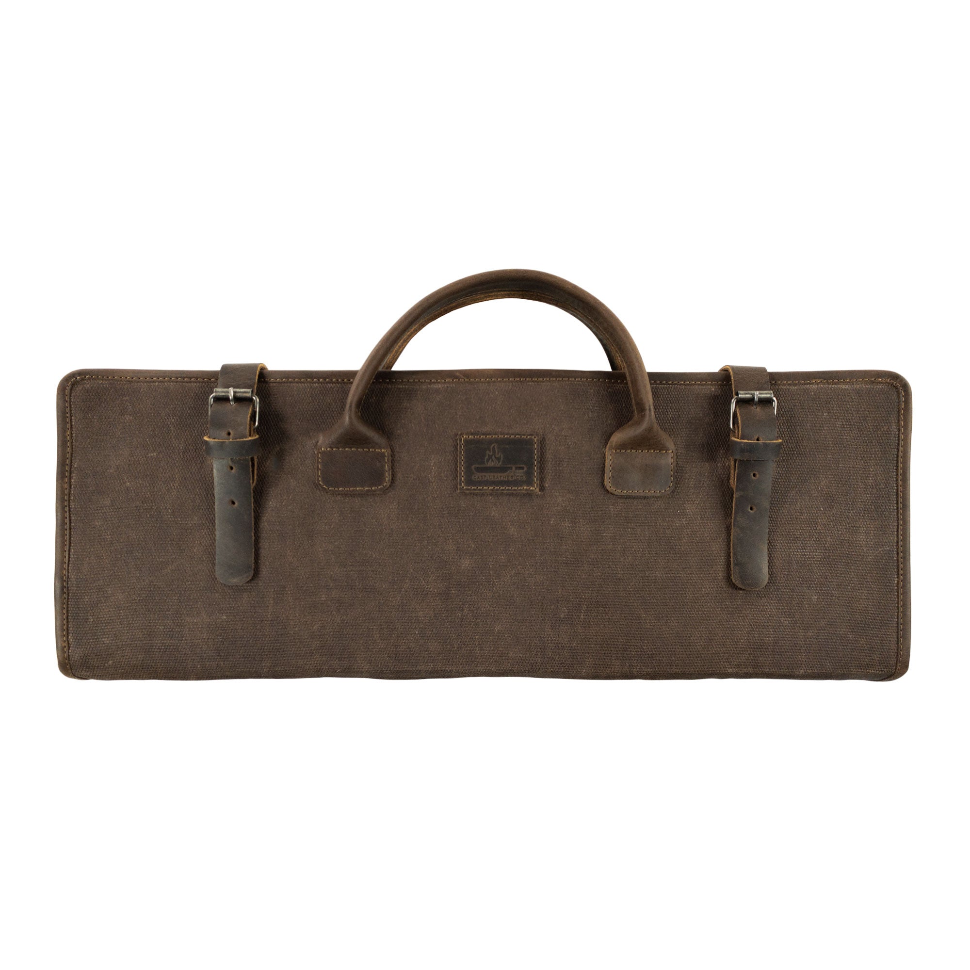 Front view of Cast Leather Co. Grill Tool Holder (Tools NOT included), designed for easy storage of BBQ grilling accessories. This carry bag, made of full grain leather and waxed canvas, is perfect for camping set storage. Each item is fire branded and showcases the quality craftsmanship from artisans in La Antigua Guatemala and Oaxaca Mexico.