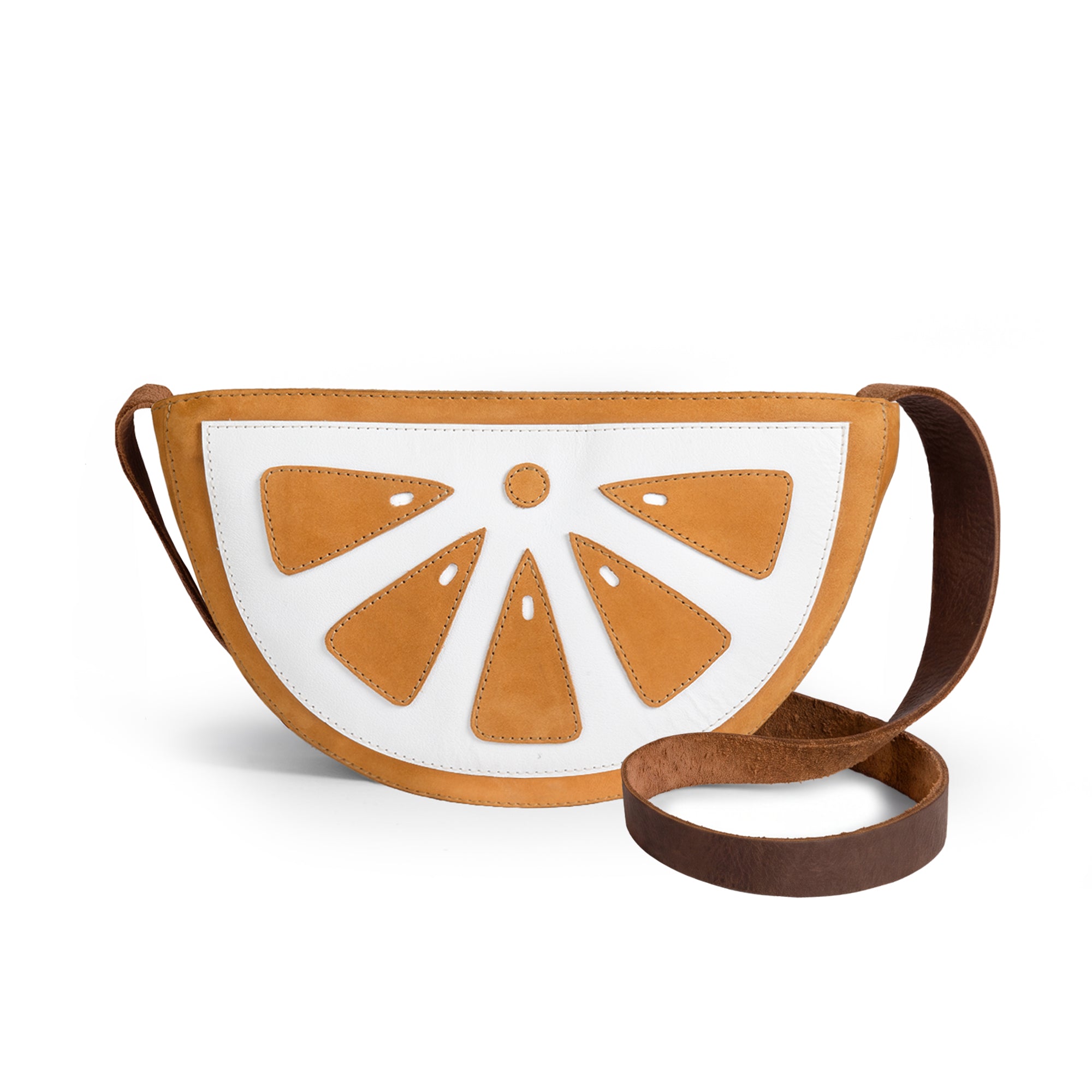 Lemon-Shaped Shoulder Bag by Tudi Frudi, showcasing a quirky design with a vibrant lemon slice motif. This Lemon-Shaped Shoulder Bag with Adjustable Strap is perfect for adding personality to any outfit. Made from Full Grain Leather, it's a stylish Messenger Bag, Vintage Purse crafted through Small Batch Production, hand cut and hand sewn, and fire branded by artisans in La Antigua Guatemala & Oaxaca Mexico.