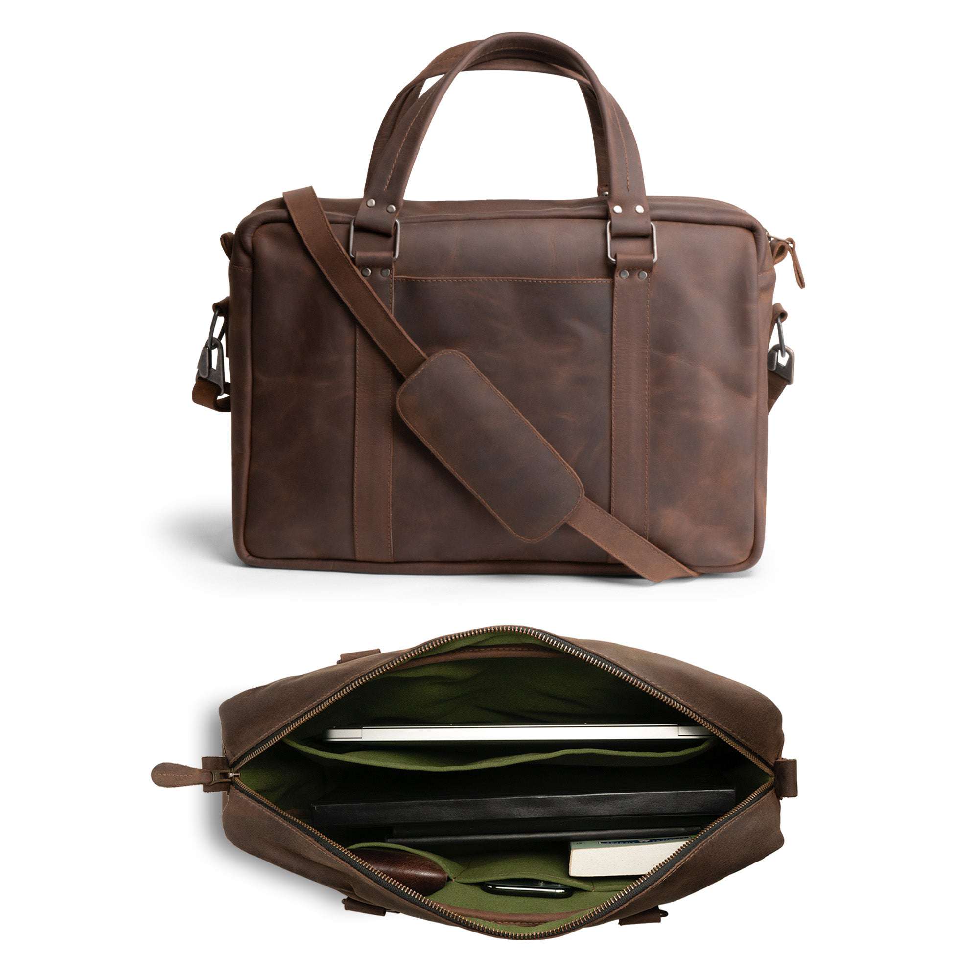 Classic Leather Briefcase by Hide & Drink, featuring a stylish design made from Full Grain Leather. This messenger bag includes an adjustable shoulder strap and a water resistant canvas lining, making it perfect for carrying a 15" MacBook. Ideal for both men and women, this handmade, small batch production briefcase is hand cut, hand sewn, and fire branded, an artisan piece crafted in La Antigua Guatemala.