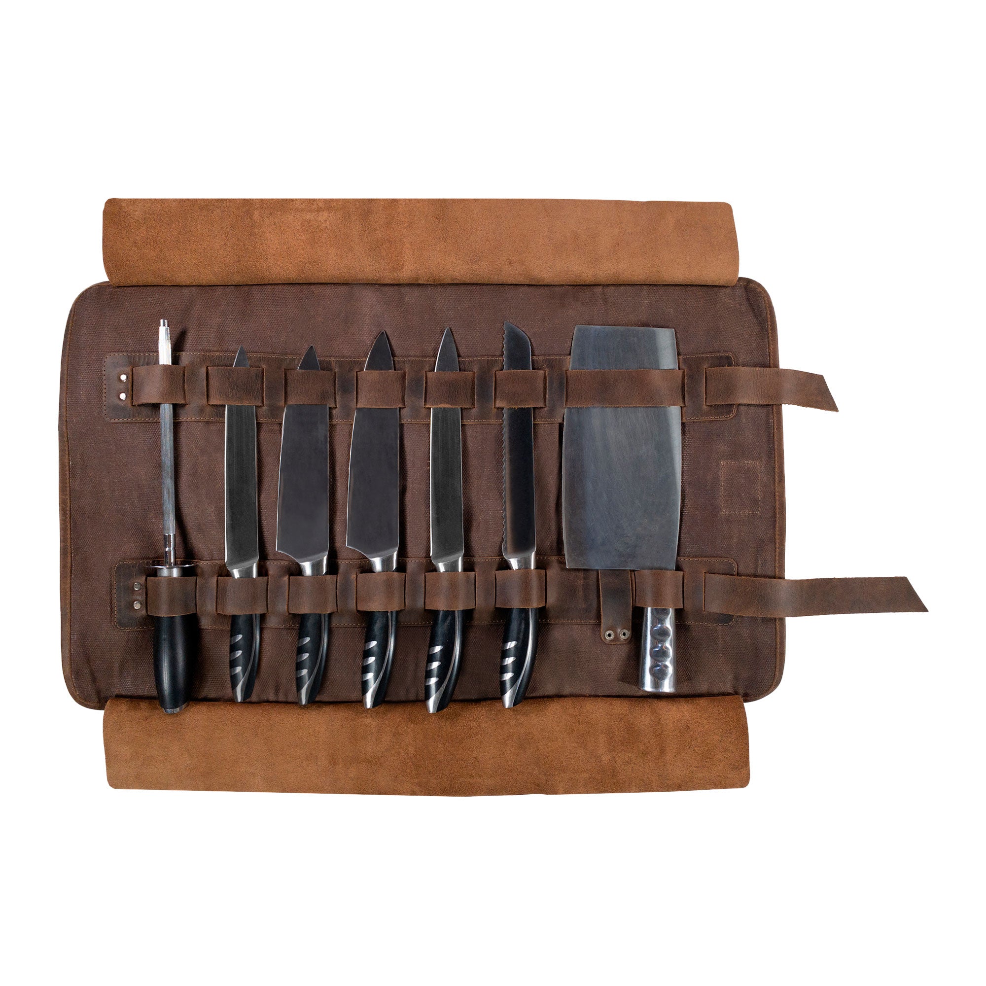 An open view of the Knife Roll with 8 Slots from Cast Leather Co., displaying eight spacious pockets for secure storage of cooking utensils. This artisan-crafted knife roll, made from durable waxed canvas and full grain leather, serves as a practical travel bag for chefs, emphasizing small batch production and careful handmade techniques.
