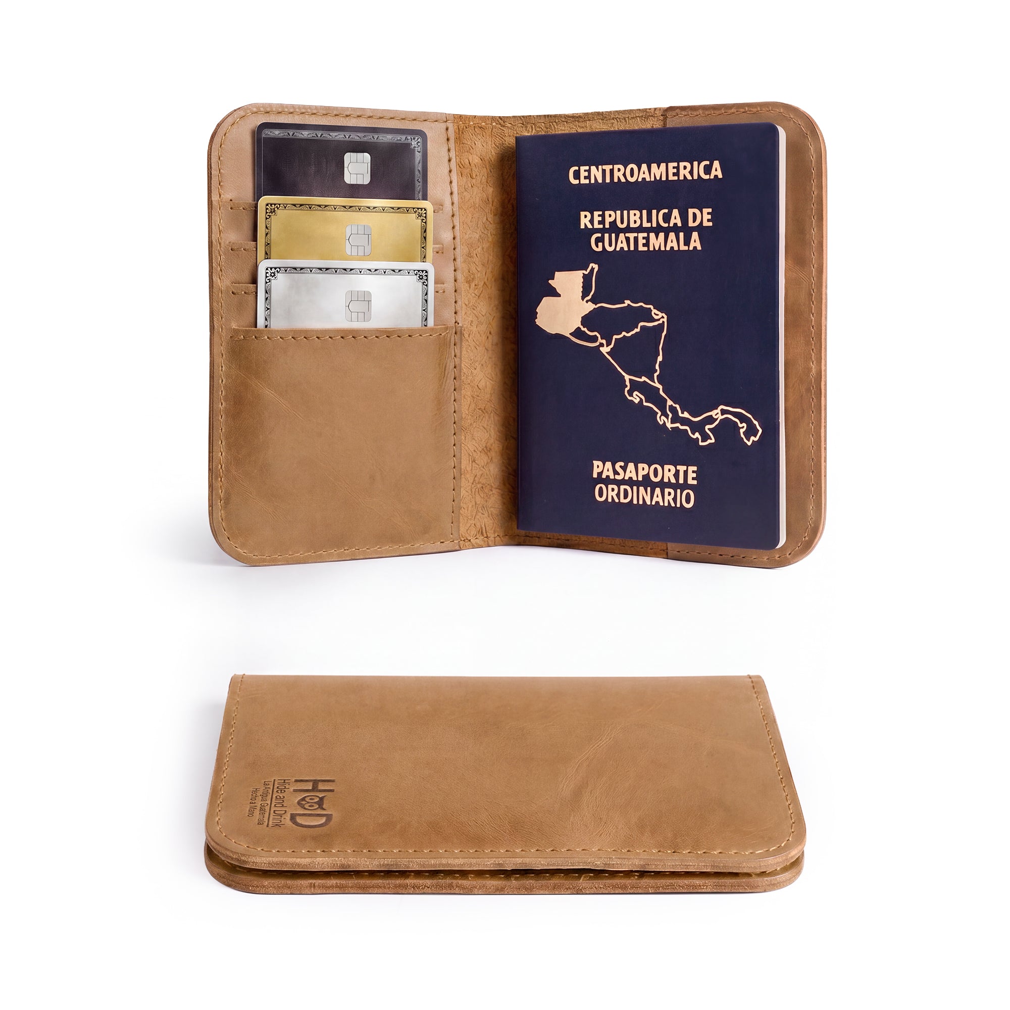 Open view of the Hide & Drink Travel Wallet with space for cash and documents. This leather travel wallet serves as a practical bifold passport case and card holder, lovingly made in La Antigua Guatemala.