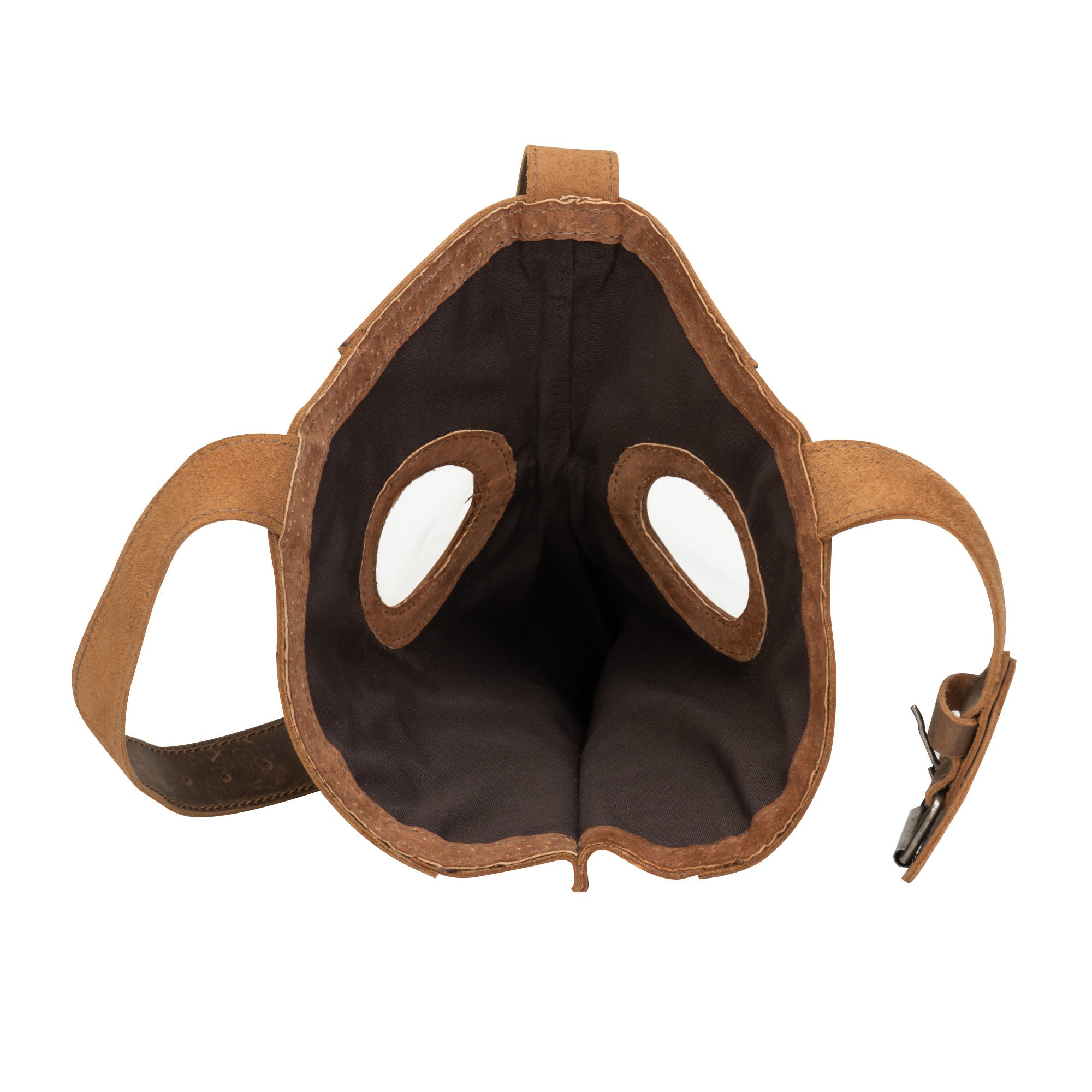 Inside view of the Plague Mask for Cosplay by Hide & Play, showing the careful construction and comfortable fit. Perfect for Halloween and cosplay, this adjustable mask is made from premium full grain leather by artisans in Guatemala.