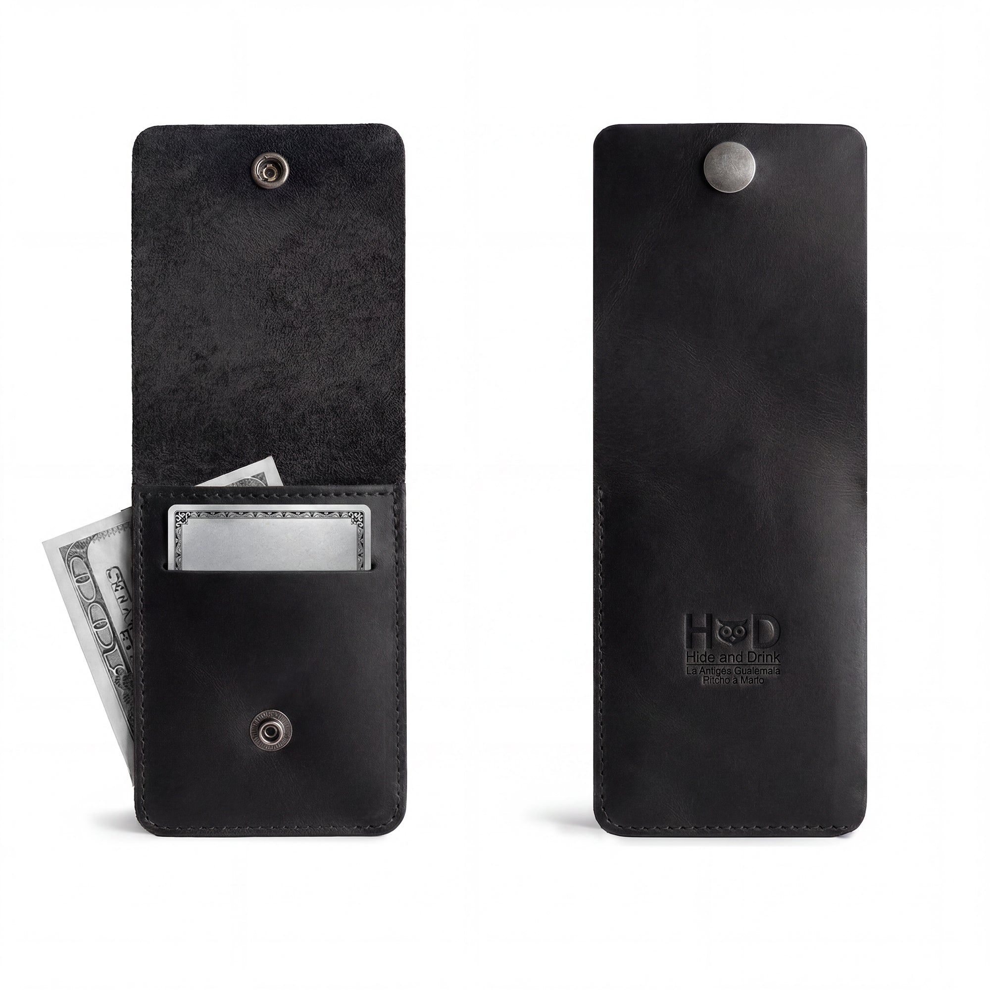 Opened black Vertical Wallet by Hide & Drink displaying card and cash slots, perfect for on-the-go storage. This Vertical Front Pocket Wallet with Card Slot ensures compactness while holding cash, made from full grain leather and emphasizing small batch production with hand cut and hand sewn finishes, fire branded for authenticity. Handmade in La Antigua Guatemala & Oaxaca Mexico.