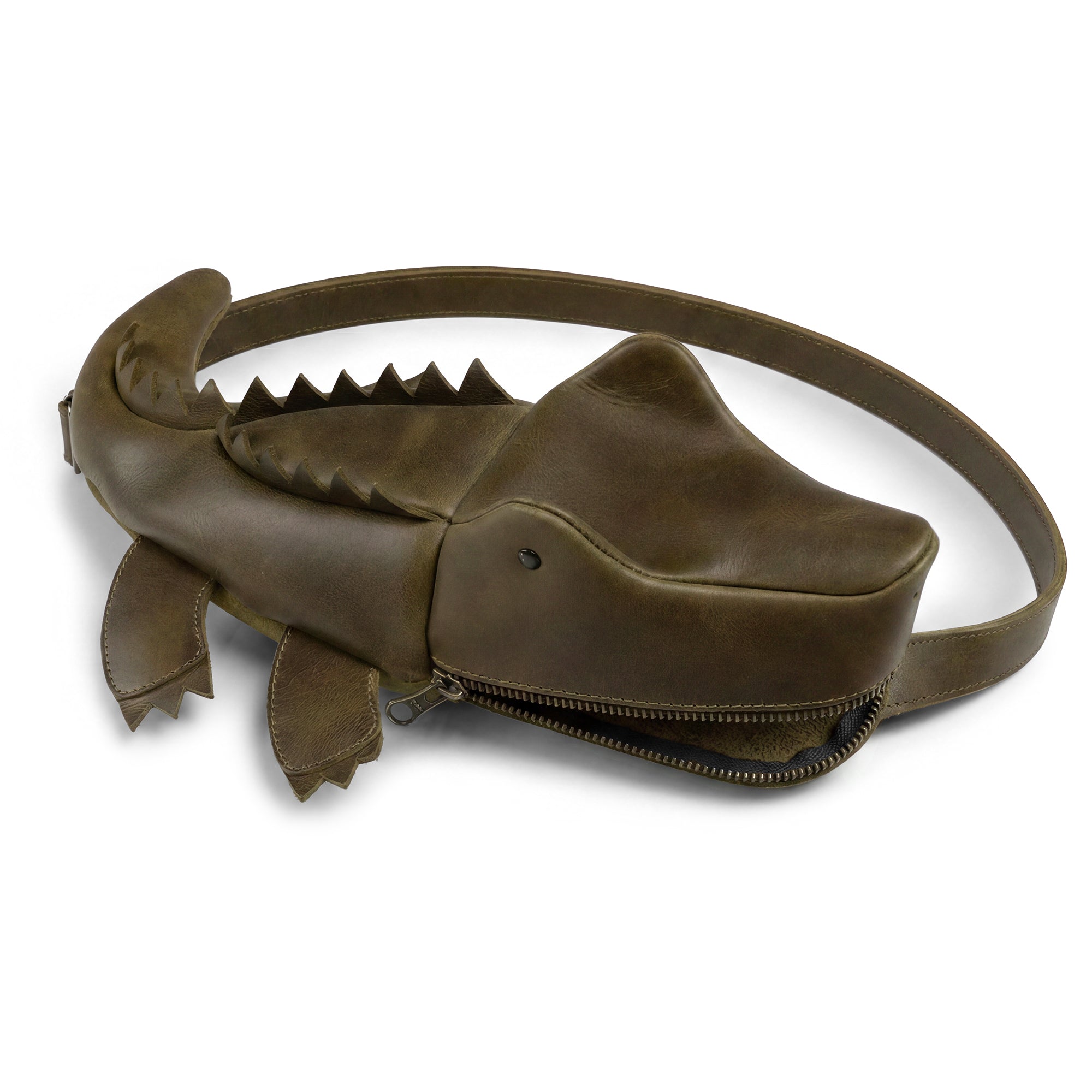 Stylish Crocodile-Shaped Crossbody by Tudi Frudi, showcasing a unique Gator-Shaped Sling Bag with Adjustable Strap, perfect for women. This Crossbody Purse is ideal as a Messenger Bag or Shoulder Travel Bag, made from Full Grain Leather in artisan, small batch production methods, hand cut and hand sewn with a fire branded logo. Handmade in La Antigua Guatemala.