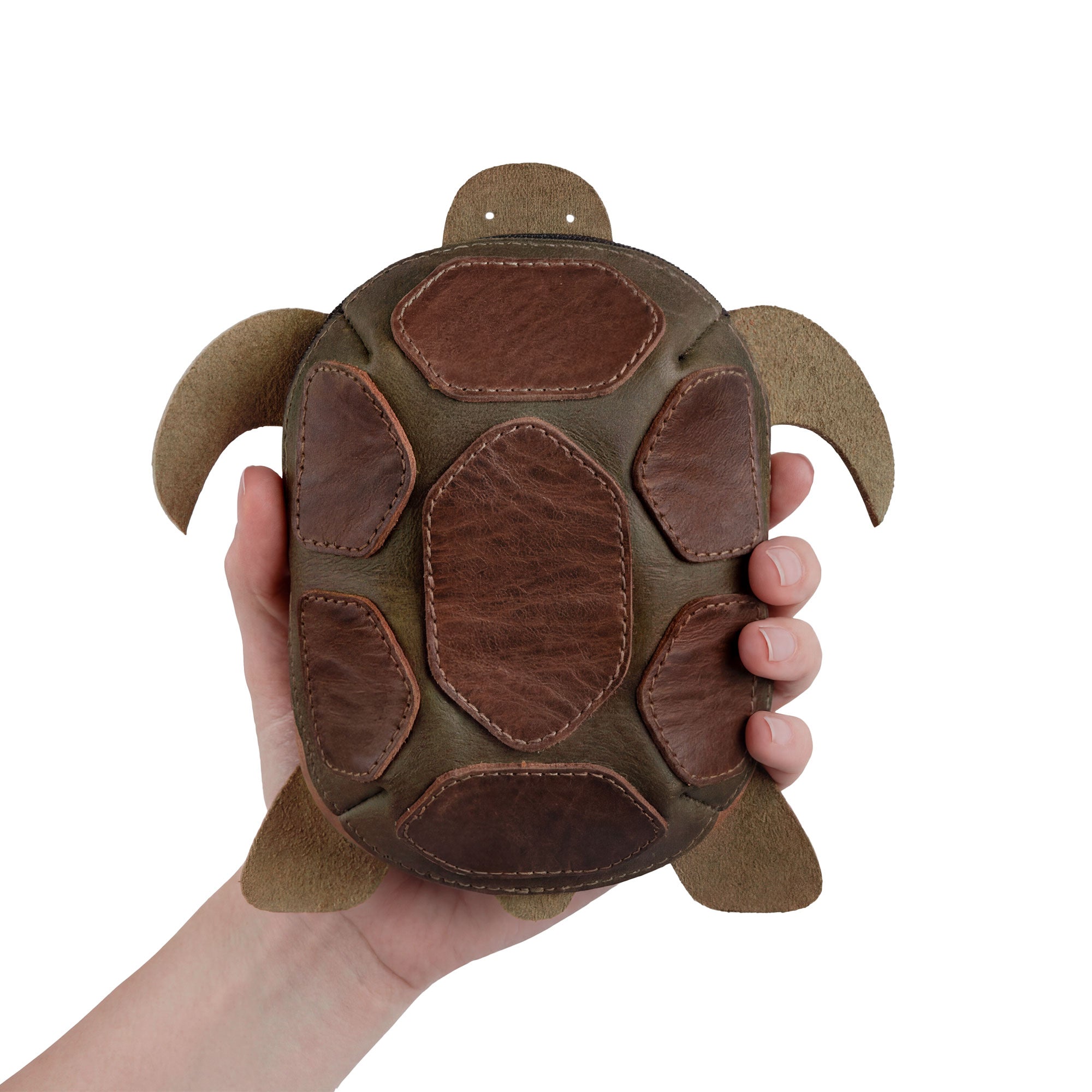 Hide & Play Leather Turtle Pouch close-up of the hand cut and hand sewn full grain leather turtle-shaped coin pouch, a tortoise-shaped leather coin purse change bag with zipper for a tiny travel carrier—purses & pouches for cash made as small batch production, fire branded artisan, handmade in La Antigua Guatemala & Oaxaca Mexico; fits a small charger cable holder as a zippered cable case (StockyardX).