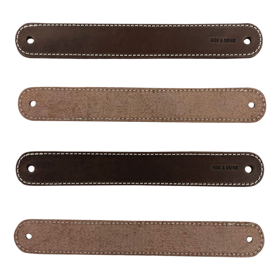 Hide & Drink Drawer Handles (4pk) revealing the variety of colors in a set of four durable leather handles. A versatile and easy to install home accessory made by artisans in La Antigua Guatemala.