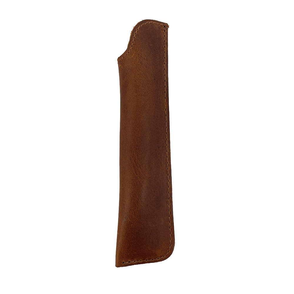 Side view of the Hide & Drink Vape Pen Sleeve featuring high-quality Full Grain Leather. This stylish, artisan pen case is hand cut and hand sewn, showcasing unique craftsmanship. Handmade in La Antigua Guatemala & Oaxaca Mexico, ideal for vape pen storage. Small Batch Production, Fire Branded.
