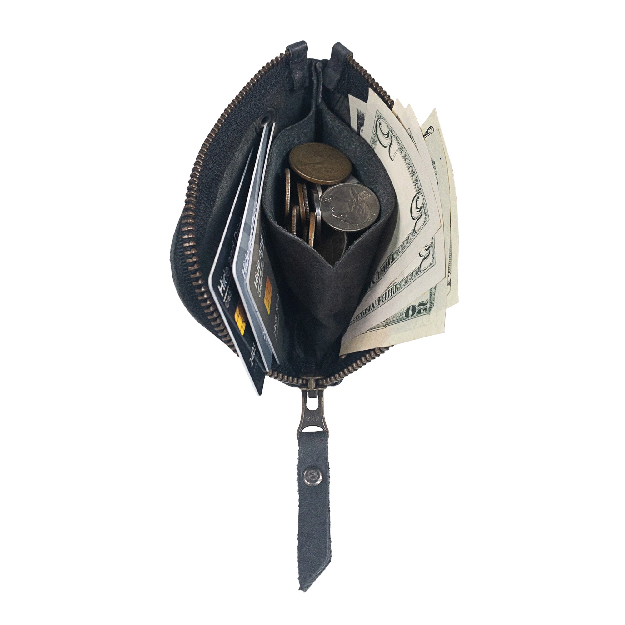 Lion's Mane Zippered Wallet by Hide & Drink displaying cards and cash, emphasizing its compact design meant for convenience and style in daily use.