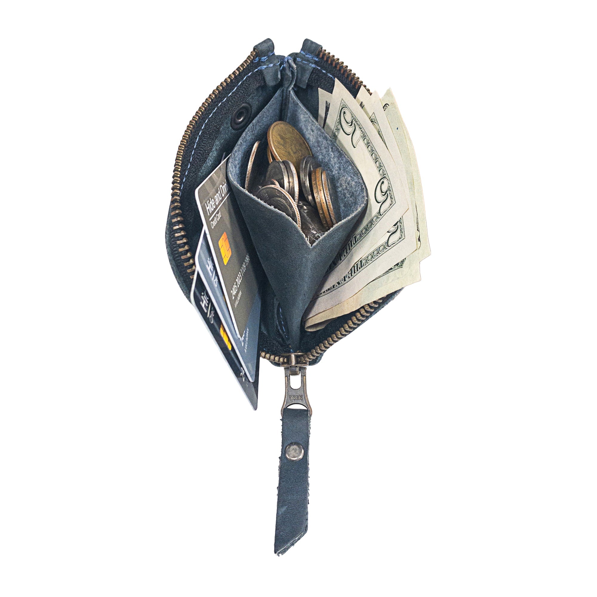 Inner layout of the Lion's Mane Zippered Wallet by Hide & Drink, showing how it effectively organizes cash and cards, highlighting its artisan handmade qualities.