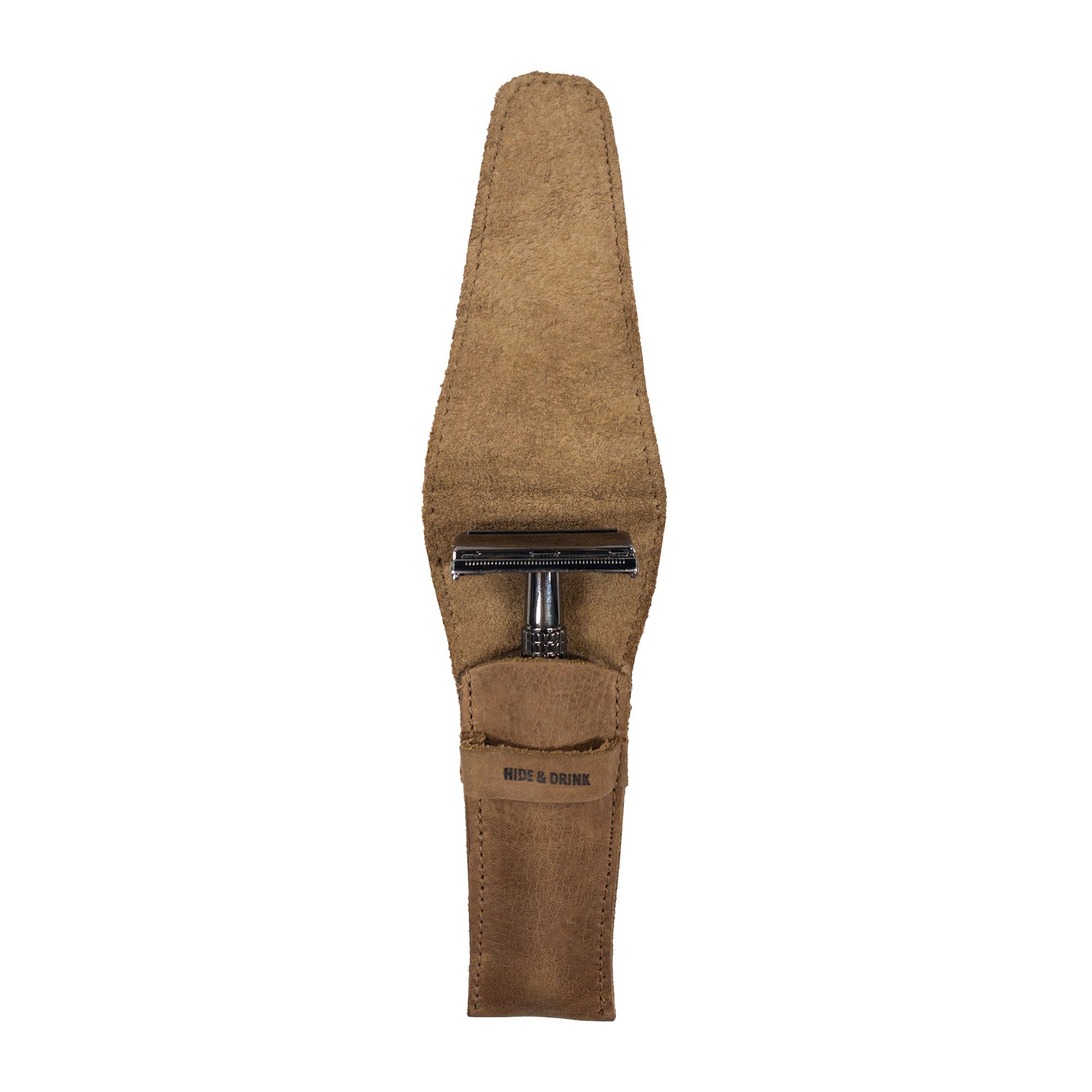 Safety Razor Case by Hide & Drink displayed alongside a razor, highlighting its usefulness for grooming on-the-go. Made from durable Full Grain Leather, this handmade accessory is perfect for personal care.