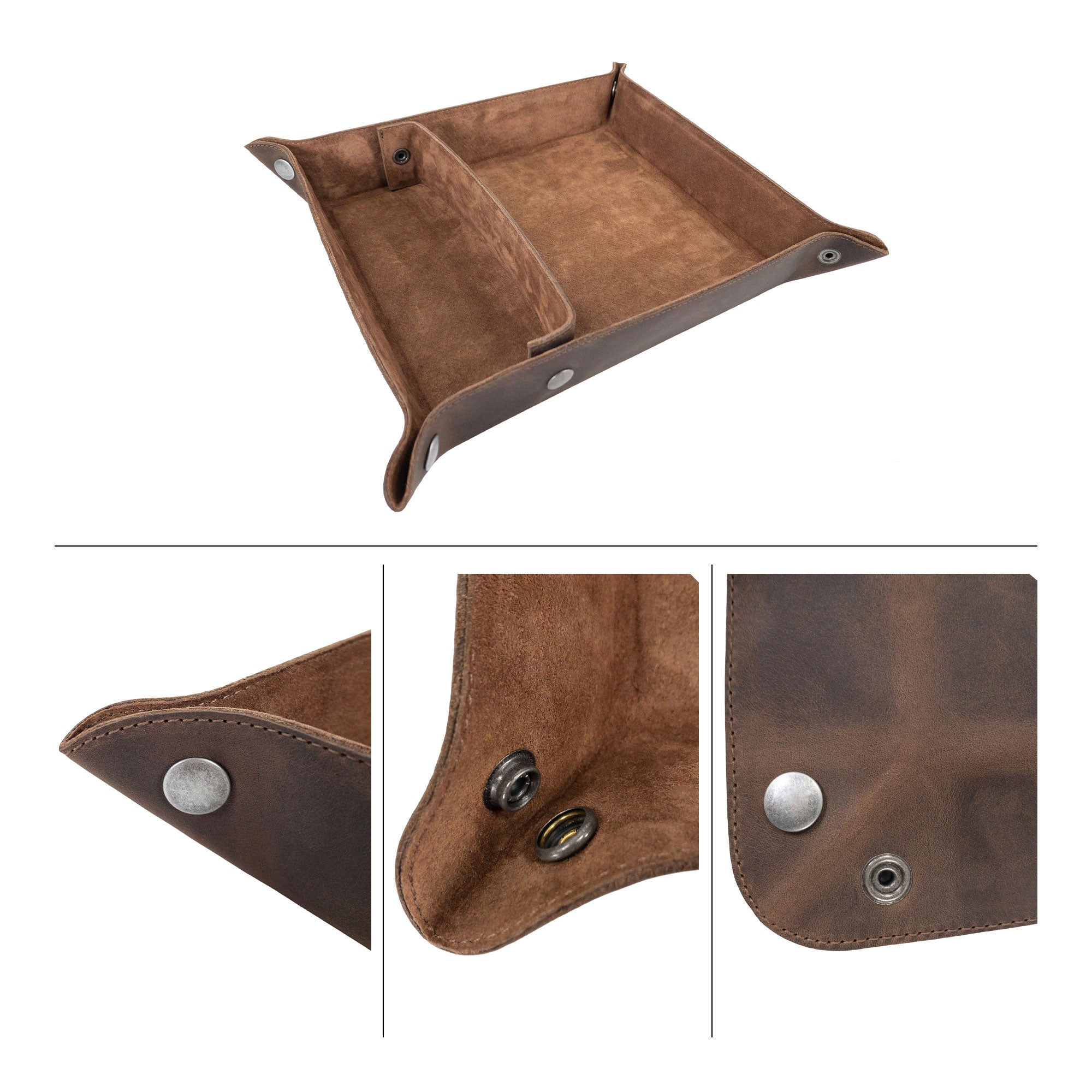 An overhead view of the Rectangular Catchall with Removable Compartment from Hide & Drink highlighting its soft interior and leather craftsmanship. This desktop storage piece is perfect for organizing essentials, made from Full Grain Leather & Sheepskin. It's an example of Small Batch Production, Hand Cut, Hand Sewn, and Fire Branded, showcasing artisan heritage in La Antigua Guatemala & Oaxaca Mexico.