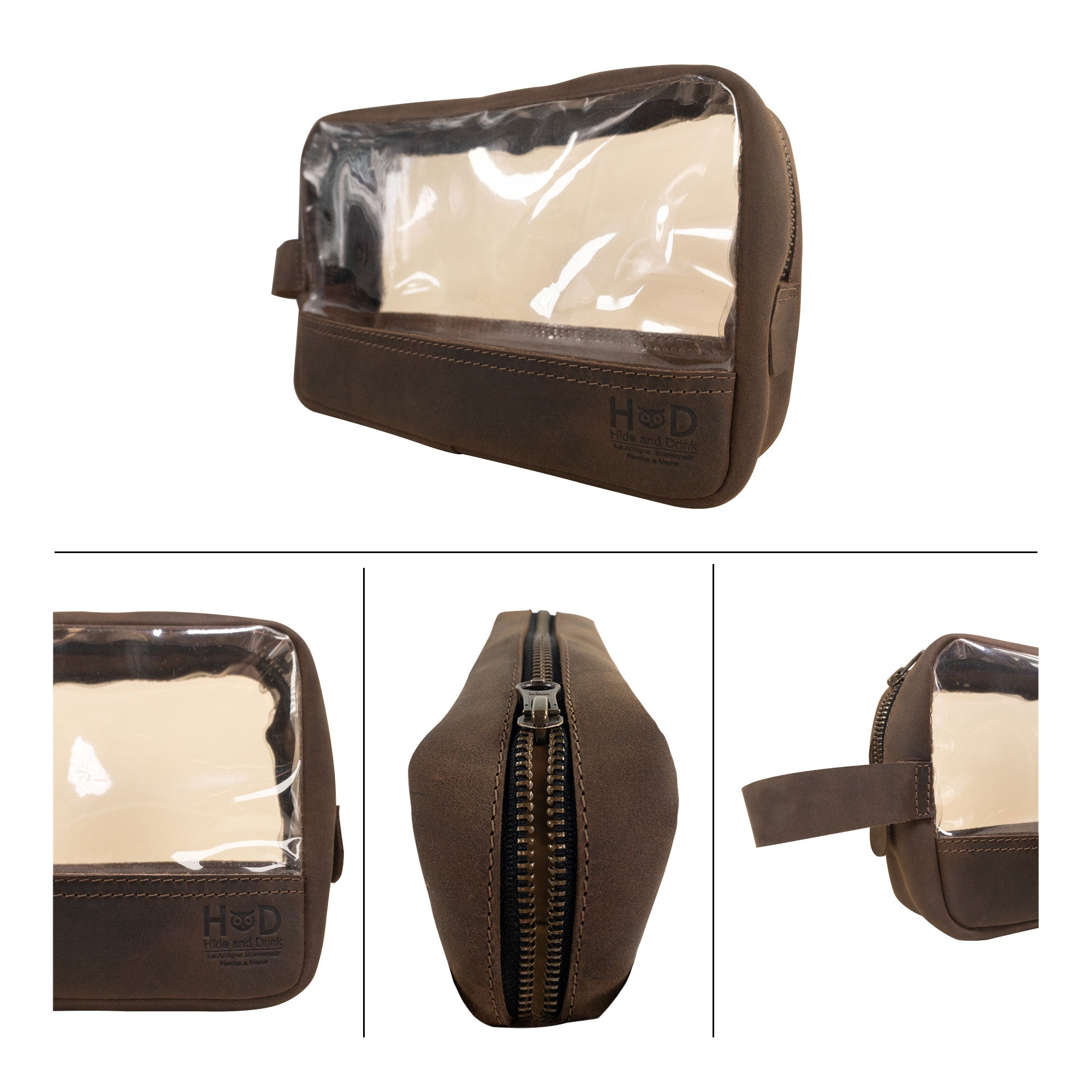 Side view of Hide & Drink's Transparent Bag for Makeup, showcasing its clear front and durable Full Grain Leather material, ideal as a travel organizer pouch, reflecting small batch production and handcrafted excellence from artisans in La Antigua Guatemala & Oaxaca Mexico.