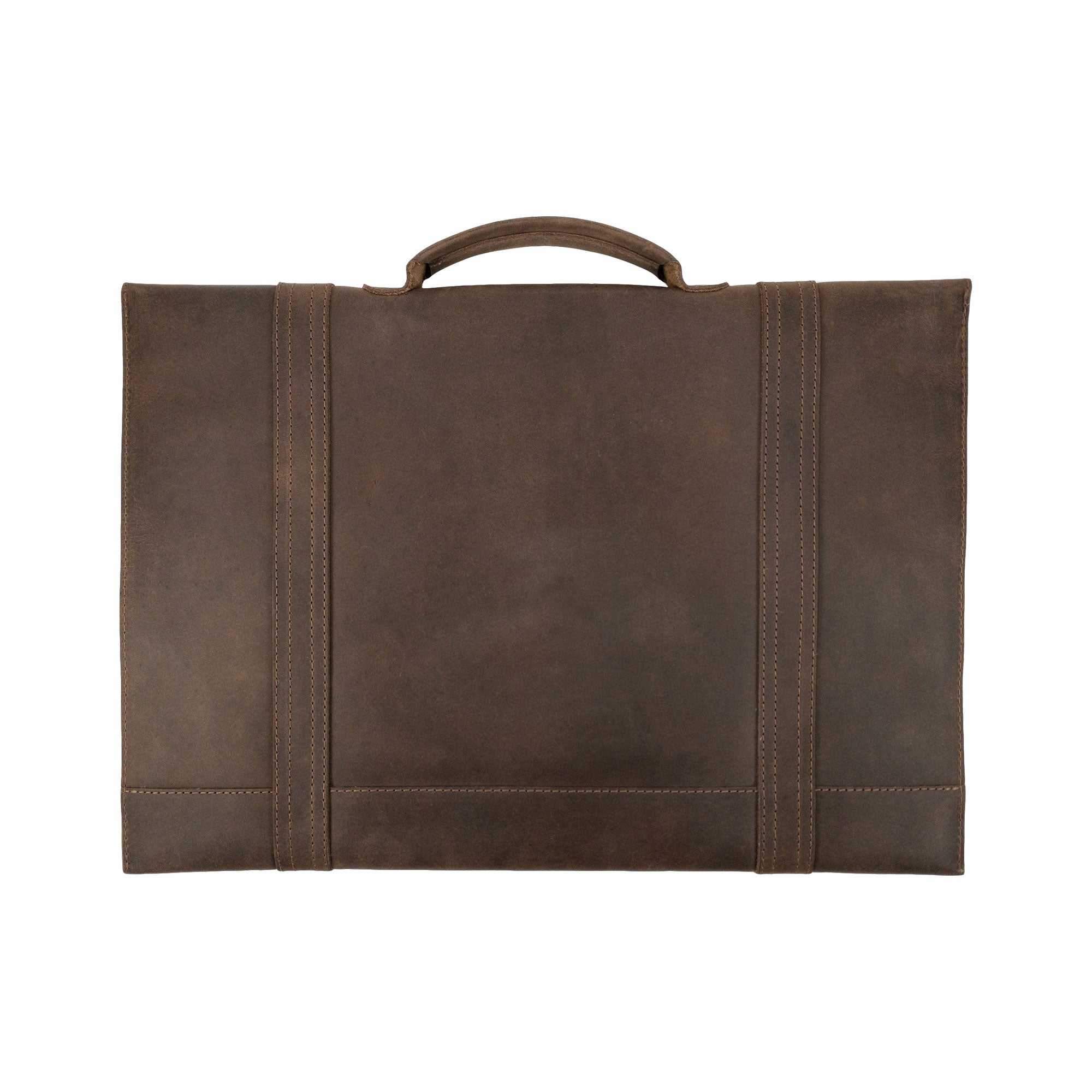 Back view of the Hide & Drink Portable Laptop Case, demonstrating its robust Full Grain Leather build, emphasizing handmade quality with a soft inner lining and artisan touch from La Antigua Guatemala & Oaxaca Mexico.