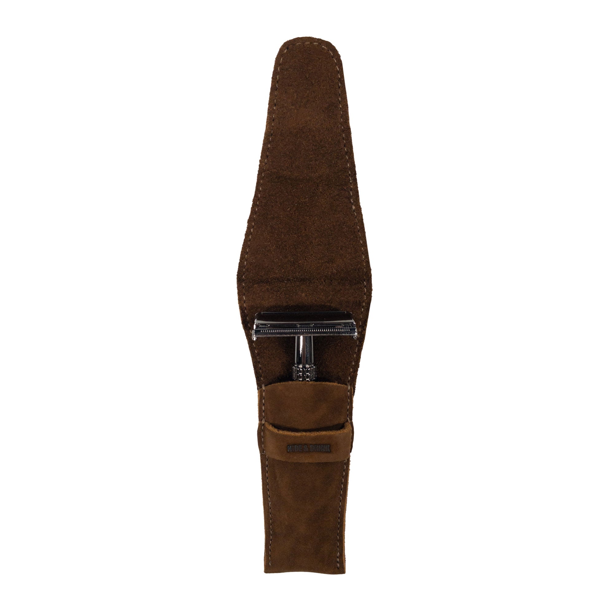Safety Razor Case from Hide & Drink displayed to show its unique shape and form, made from top-tier Full Grain Leather. This artisan-crafted case is a must-have for anyone serious about their shaving accessories and personal grooming.