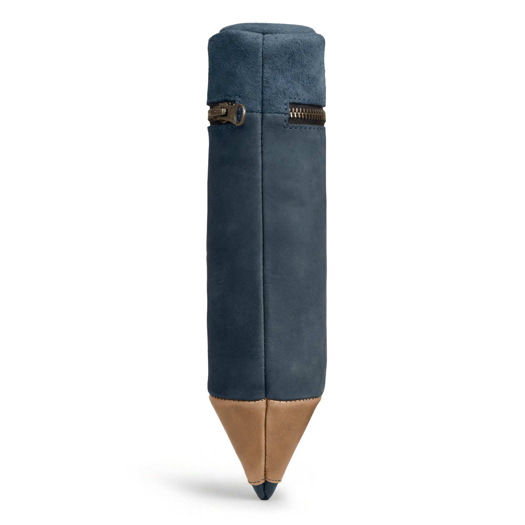 Side view of the Pencil-Shaped Case from Hide & Play, ideal for pens, pencils, markers, and office accessories. This zippered bag features durable full grain leather construction, with artisan touches from small batch production, hand cut, hand sewn, and fire branded finishes. Handmade in La Antigua Guatemala.