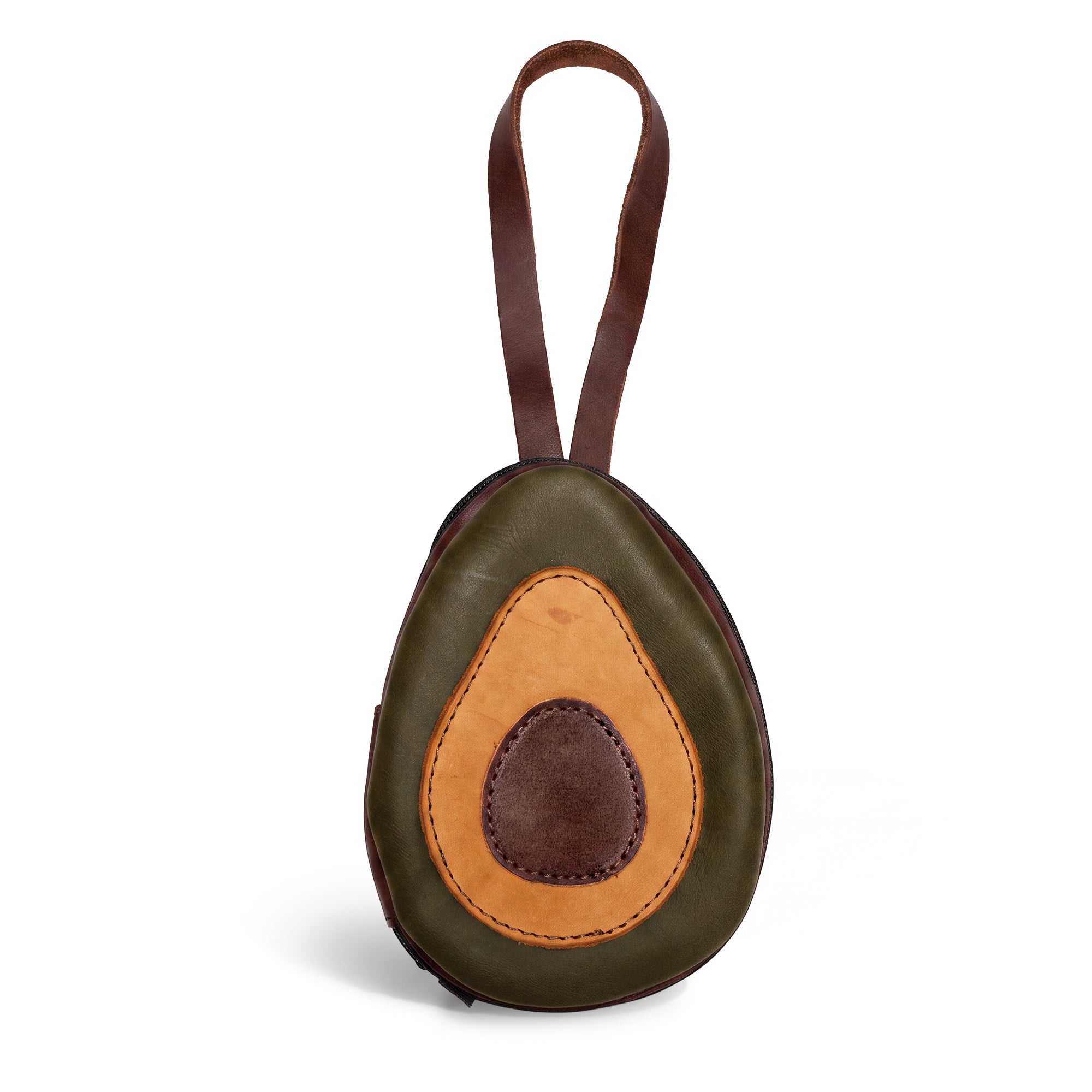 Hide & Drink Avocado Purse, showcasing an attractive front view of this cute case bag that doubles as a card and money organizer. Made from durable full grain leather, this artisan-crafted coin pouch is perfect for thoughtful gifts. Features small batch production with hand cut and hand sewn details, fire branded for authenticity, handmade in La Antigua Guatemala & Oaxaca Mexico.