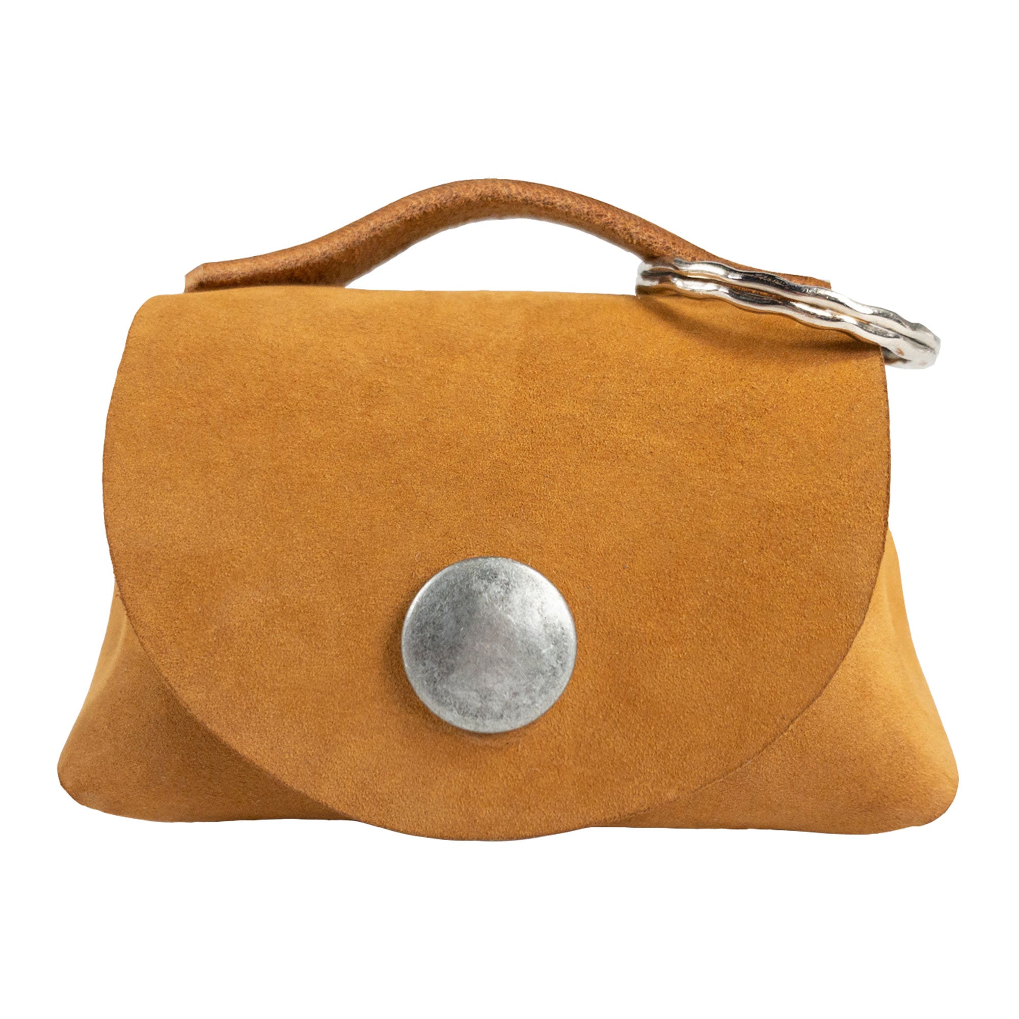 Front view of the mustard colored Tiny Handbag Keychain by Hide & Drink, illustrating its elegant Tiny Handbag with Key Ring Holder design crafted from Full Grain Leather. This unique item is part of Small Batch Production, and is Hand Cut, Hand Sewn, and Fire Branded, reflecting its Handmade beauty in La Antigua Guatemala & Oaxaca Mexico.