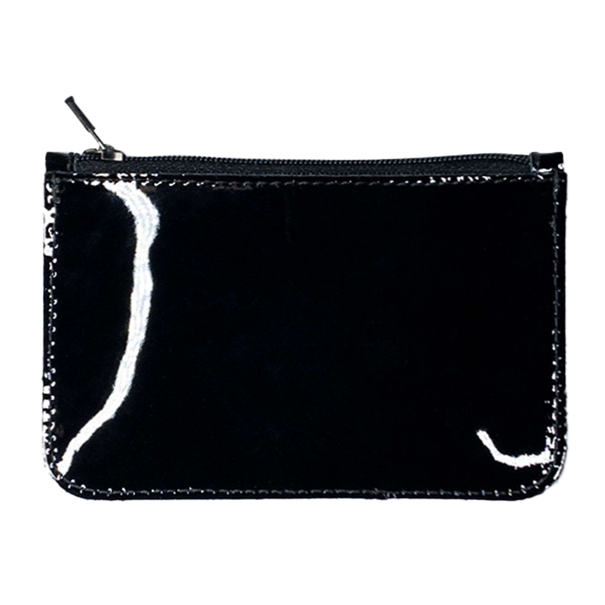 Back view of Hide & Drink Zippered Wallet in glossy black, emphasizing its compact design suitable as a card case and coin organizer. This zippered wallet is handcrafted from full grain leather in small batch production, highlighting artisan techniques from La Antigua Guatemala & Oaxaca Mexico.