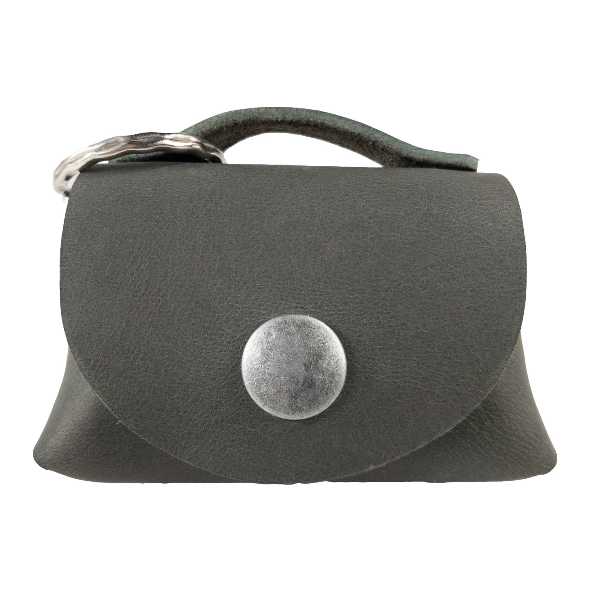 Front view of the Tiny Handbag Keychain by Hide & Drink, designed as a Tiny Handbag with Key Ring Holder featuring durable Full Grain Leather. This unique item is part of Small Batch Production, Hand Cut, Hand Sewn, and Fire Branded, showcasing the artistry of being Handmade in La Antigua Guatemala & Oaxaca Mexico.
