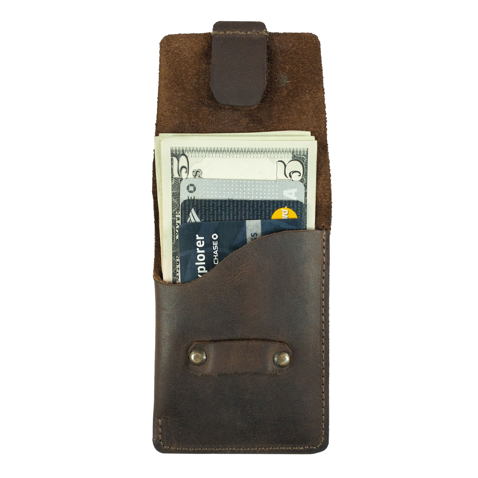 Hide & Drink Slim Card Holder with cards and cash visible, designed to hold up to 4 cards plus folded bills. This pocket wallet is made from full grain leather, reflecting artisan craftsmanship from La Antigua Guatemala, emphasizing handmade quality with fire branded details.