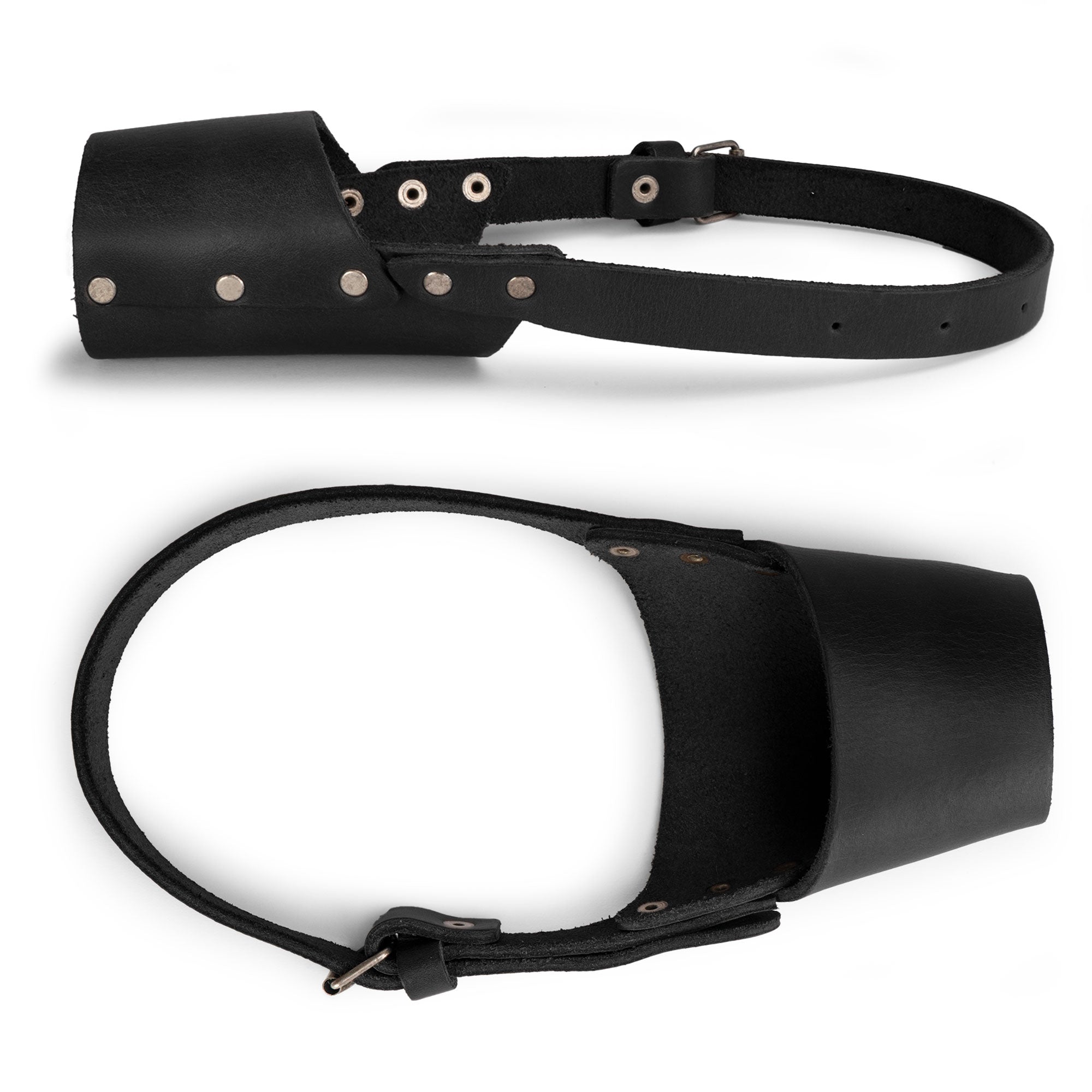 Riveted Dog Muzzle by Hide & Drink featuring a sleek design, showcasing its secure fit ideal for preventing biting and chewing. Crafted from high-quality full grain leather, this muzzle guard suits all breeds, including Pitbulls and German Shepherds, handmade in La Antigua Guatemala & Oaxaca Mexico.