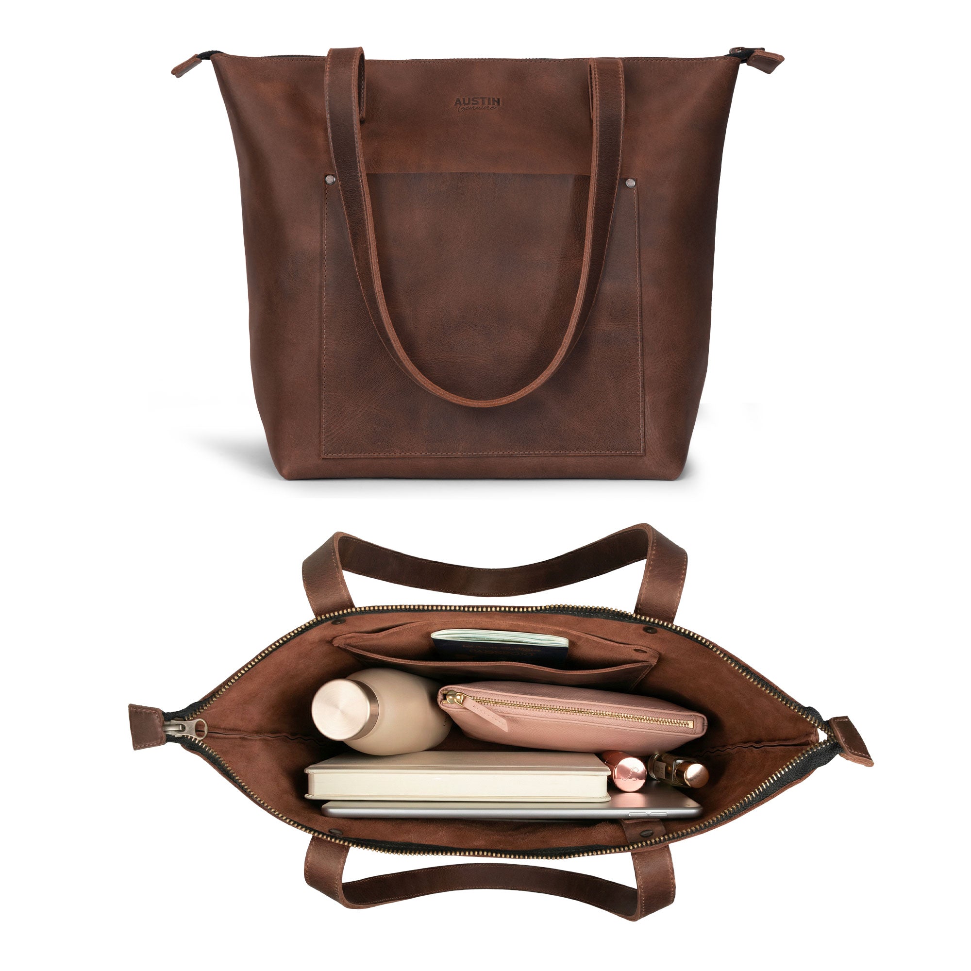 The interior of The Juniper Zippered Tote Bag reveals ample space and organization, highlighting its practicality. This bag, inspired by Texas spirit, is handmade in La Antigua Guatemala and Oaxaca Mexico, blending functionality with artisan quality.