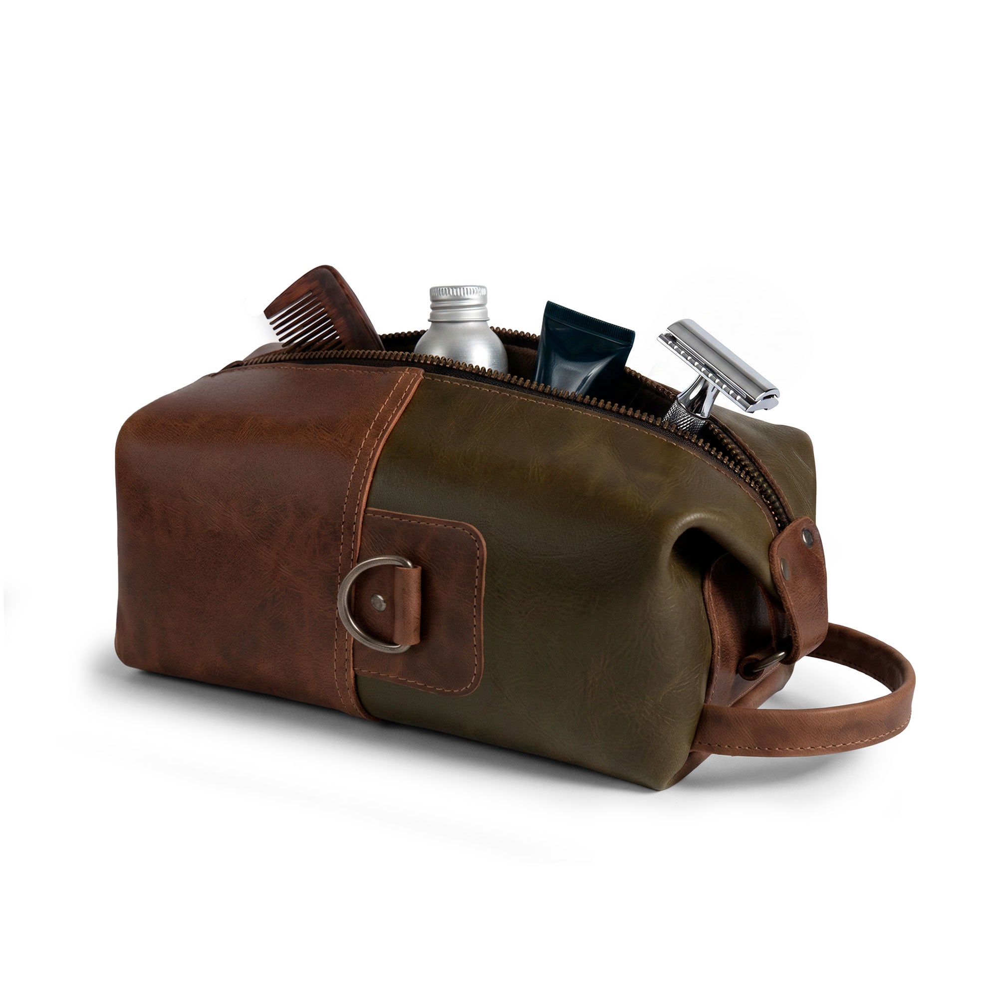 A side view of the Vintage Adventure Dopp Kit from Littlefield Chicago, demonstrating its spacious interior as a grooming essentials organizer, combining functionality with artisan quality, making it an ideal shaving kit case and bathroom carrier for traveling.