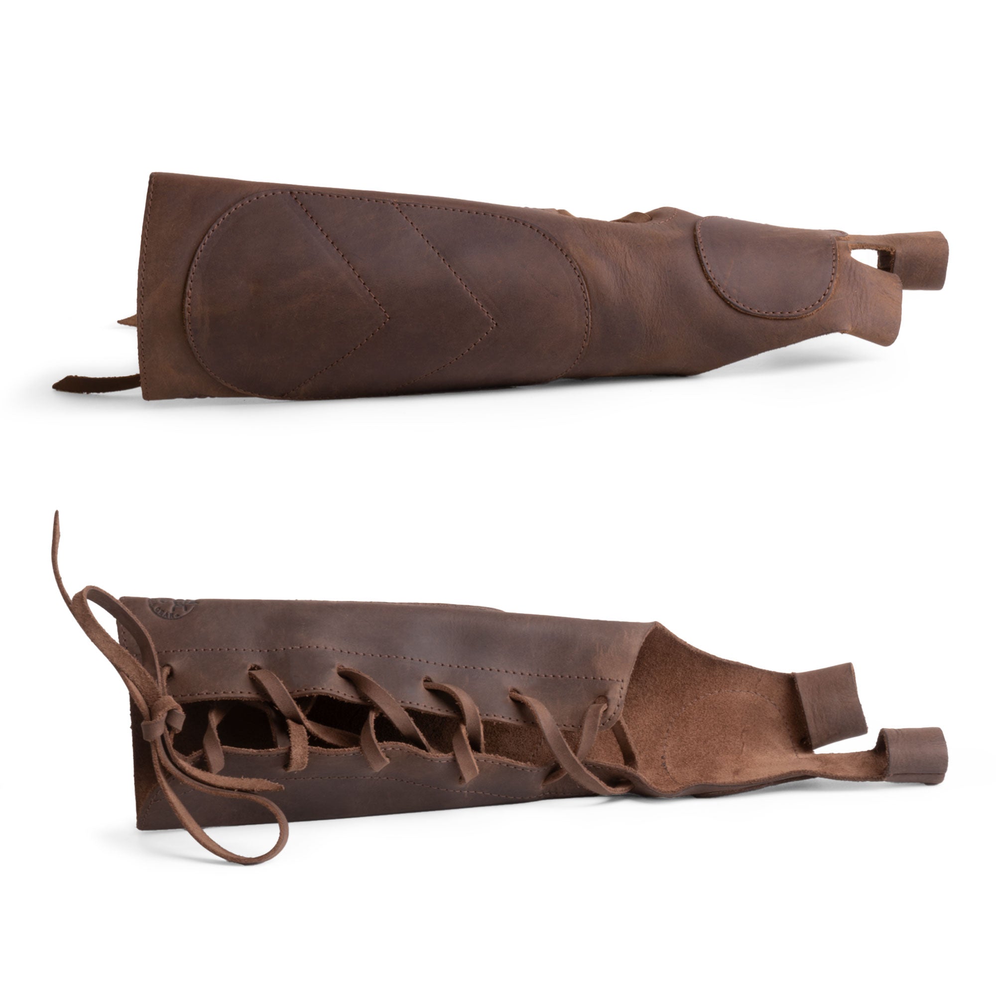 Close-up view of the Forearm Guard for Archers by Valhalla Gear, highlighting its traditional lacing and full grain leather craftsmanship. This protective bracer is suitable for archers of all ages, offering high durability and comfort. Perfect for archery enthusiasts seeking a stylish and functional wrist arm bracer.