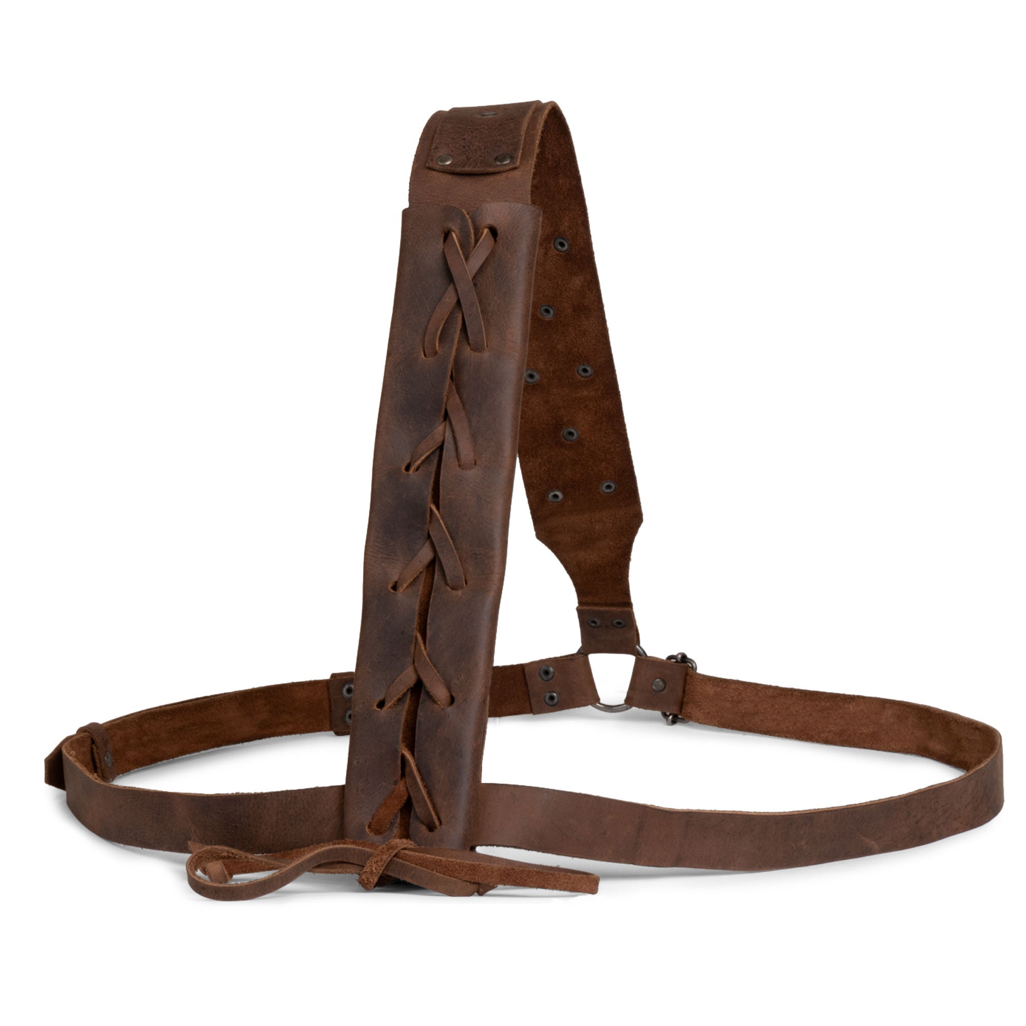 The Medieval Back Sword Shoulder Frog by Valhalla Gear, featuring a beautifully finished full grain leather harness, suitable for Renaissance sheath holster. It's perfect for knight cosplay and warrior costumes, showcasing artisan craftsmanship from La Antigua Guatemala.