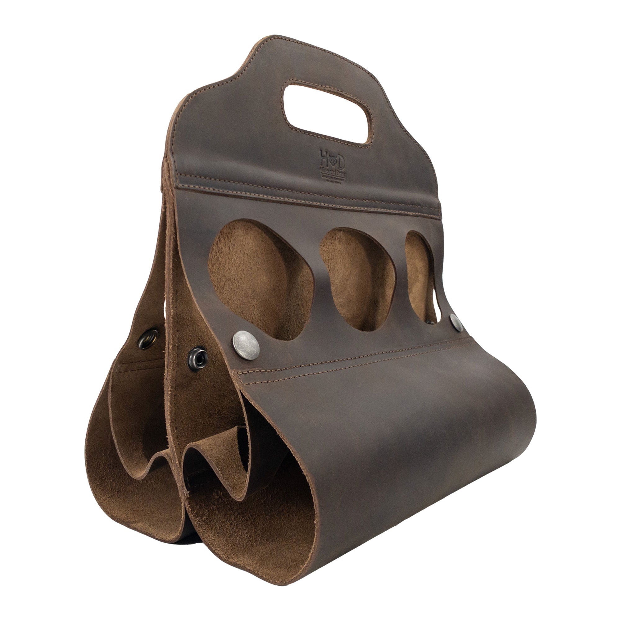 Side view of Hide & Drink's Six Bottle Caddy, an elegant Beer Holster for Bike made from premium Full Grain Leather. Emphasizing artisan craftsmanship through Small Batch Production, this handmade product is expertly hand cut and hand sewn, ideal for outdoor adventures.