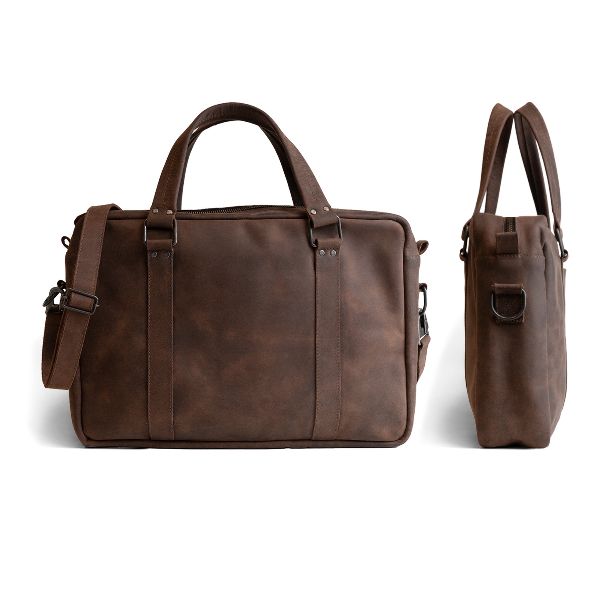 Showcasing the Classic Leather Briefcase by Hide & Drink, this sleek Full Grain Leather messenger bag is designed for functionality with an adjustable shoulder strap. It's equipped with a durable water resistant canvas lining, making it the perfect laptop bag for students and professionals alike. This artisan piece is handmade in La Antigua Guatemala, reflecting small batch production.