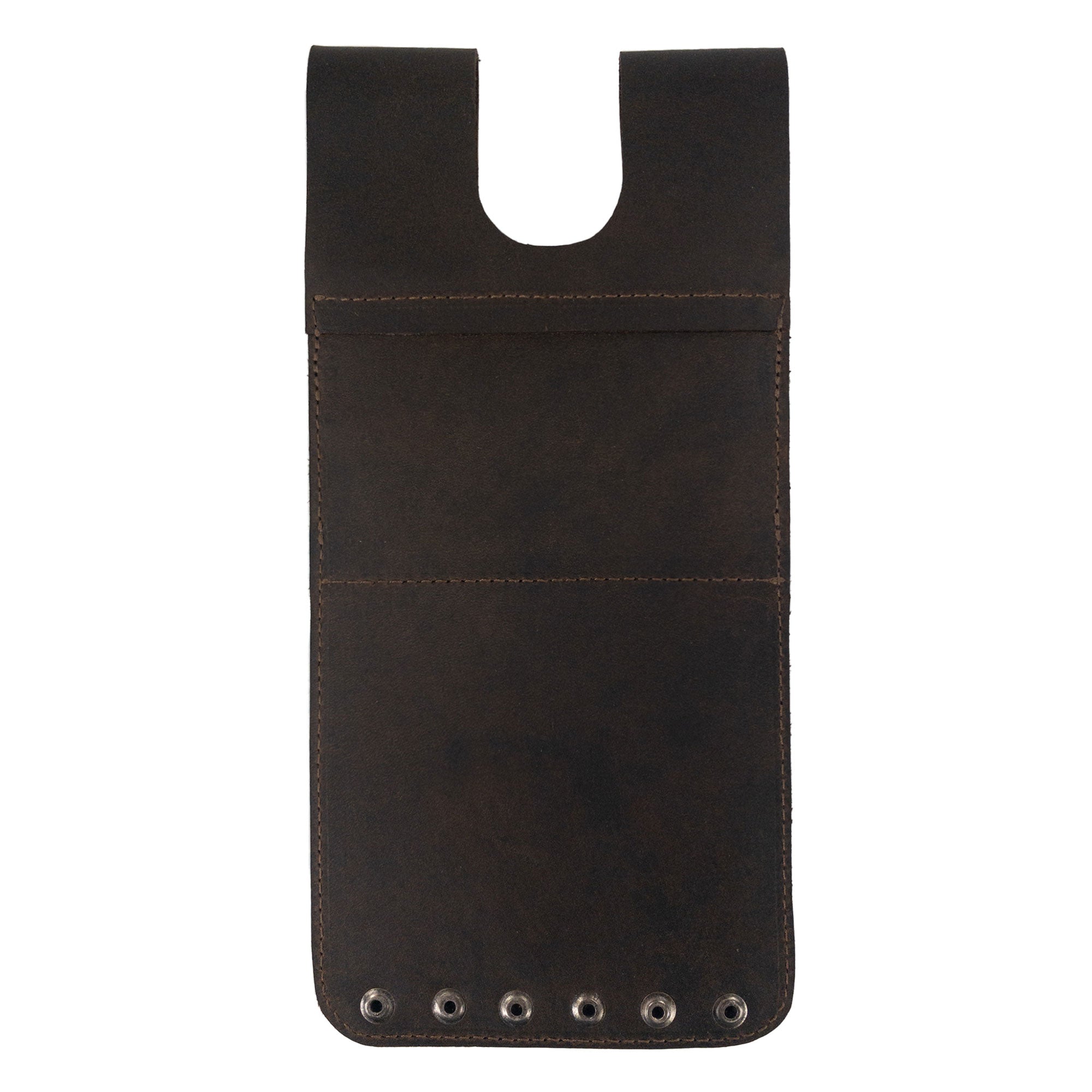 Back view of the 6 Arrow Back Quiver for Pocket from Valhalla Gear, highlighting its handmade design in Full Grain Leather. This quiver emphasizes artisan craftsmanship with small batch production, combining handmade techniques like hand cut and hand sewn, ideal for archers who value quality and authenticity in their gear.