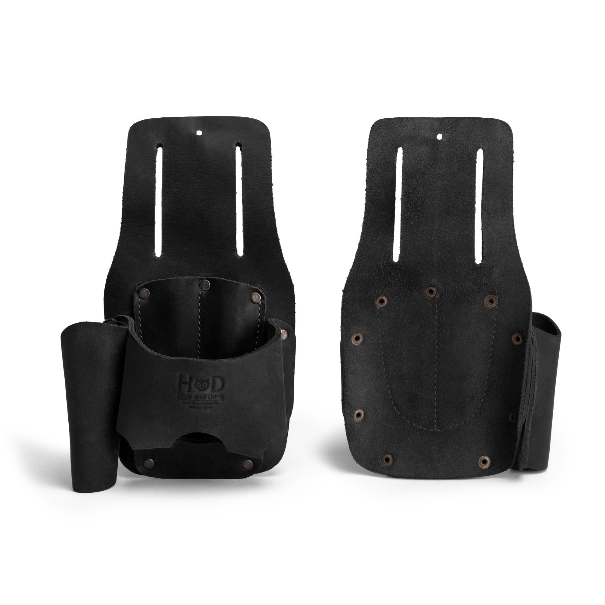 Hide & Drink Tape And Knife Holder in black, designed for easy and organized storage. This Tape & Knife Holder is a must-have for everyone who appreciates quality tools. Crafted from sturdy full grain leather, it serves as a tool case or screwdriver holster, handmade in La Antigua Guatemala.