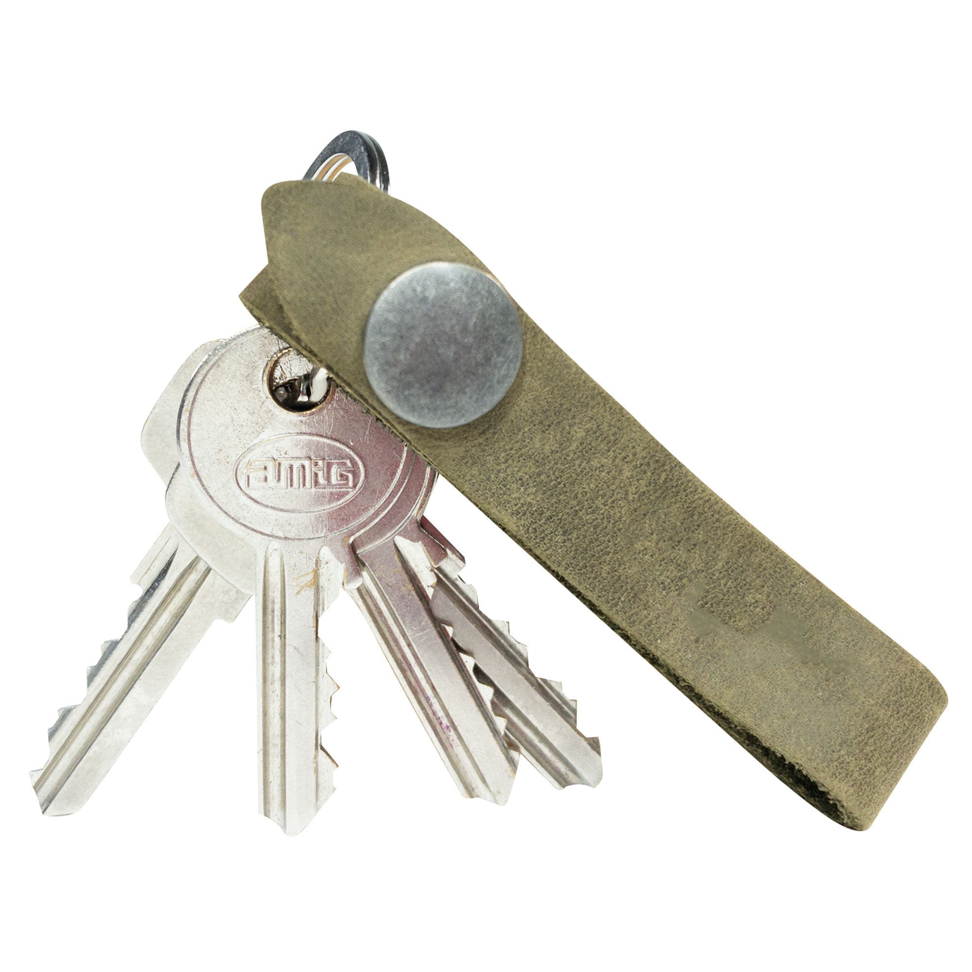 Hide & Drink Loop Keychain featuring an elegant design in olive green. This keyring organizer is crafted from full grain leather, showcasing small batch production and artisan techniques in La Antigua Guatemala & Oaxaca Mexico.