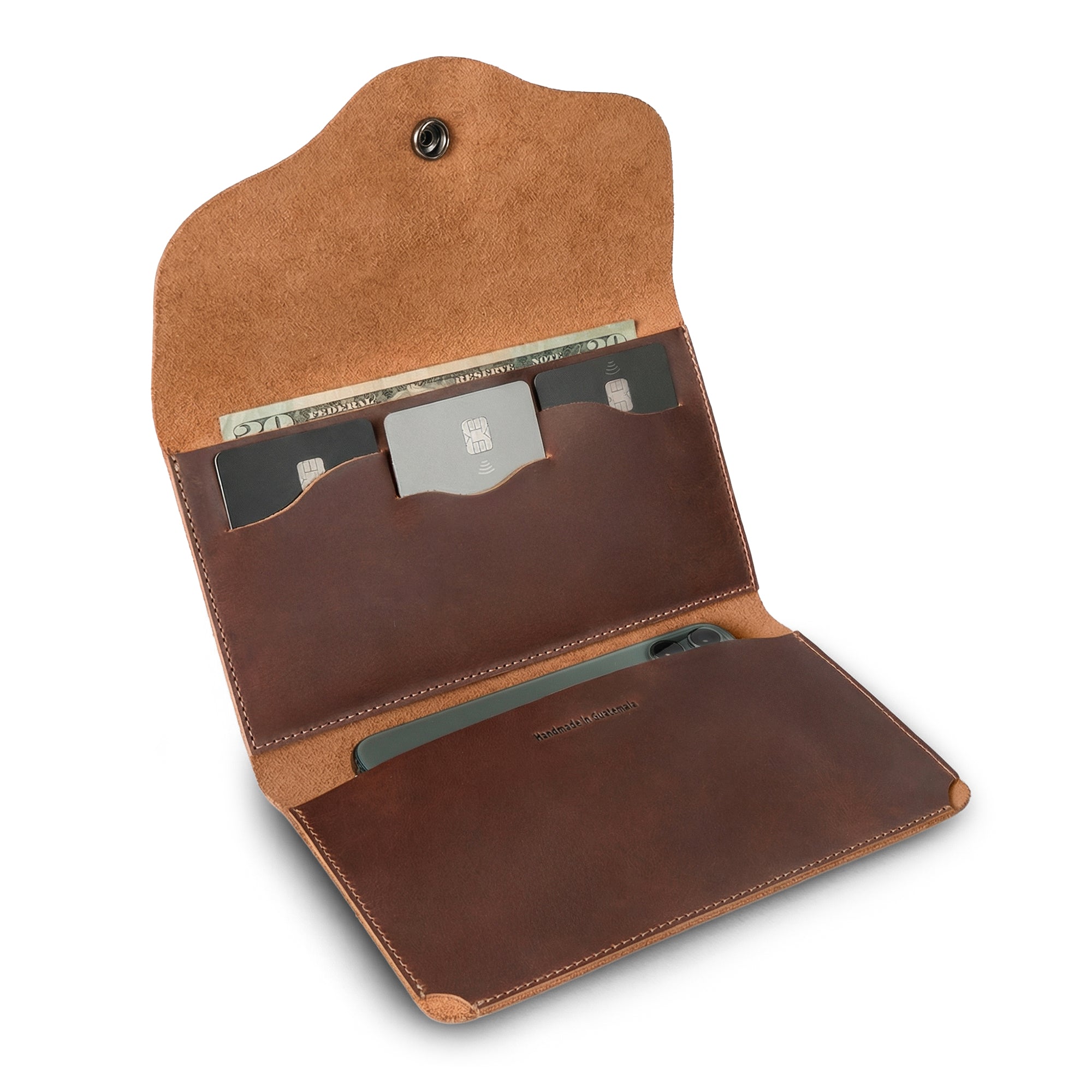 The interior of The Violet Long Wallet by Austin Genuine, highlighting multiple card slots and a bill compartment made from premium full grain leather. Each wallet represents StockyardX's commitment to small batch production with hand cut and hand sewn details by skilled artisans in La Antigua Guatemala & Oaxaca Mexico.