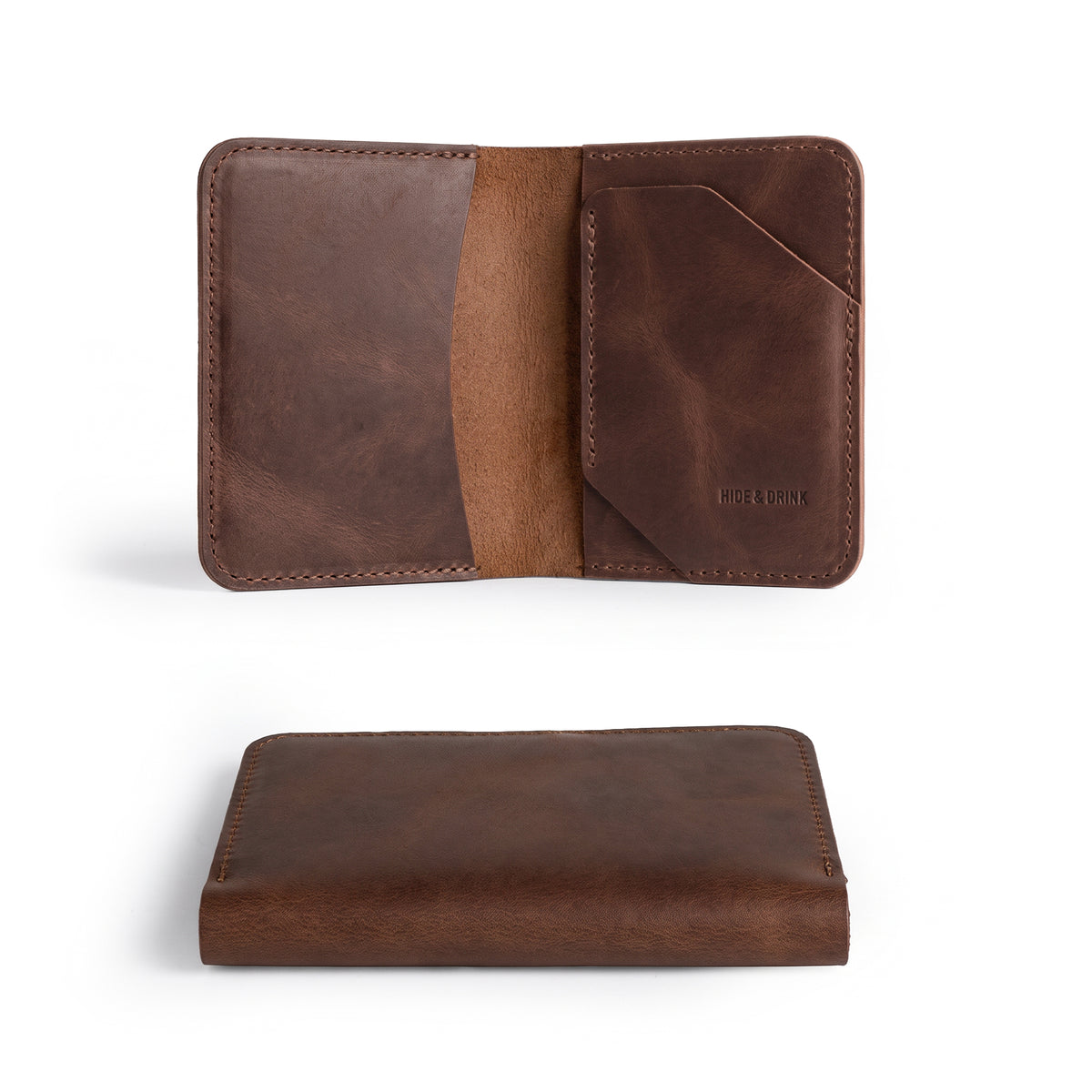 Empty inside of the Bi-Fold Card Wallet Diagonal by Hide & Drink, emphasizing its simple and elegant minimalist style made from full grain leather. This cash organizer showcases the quality of small batch production.